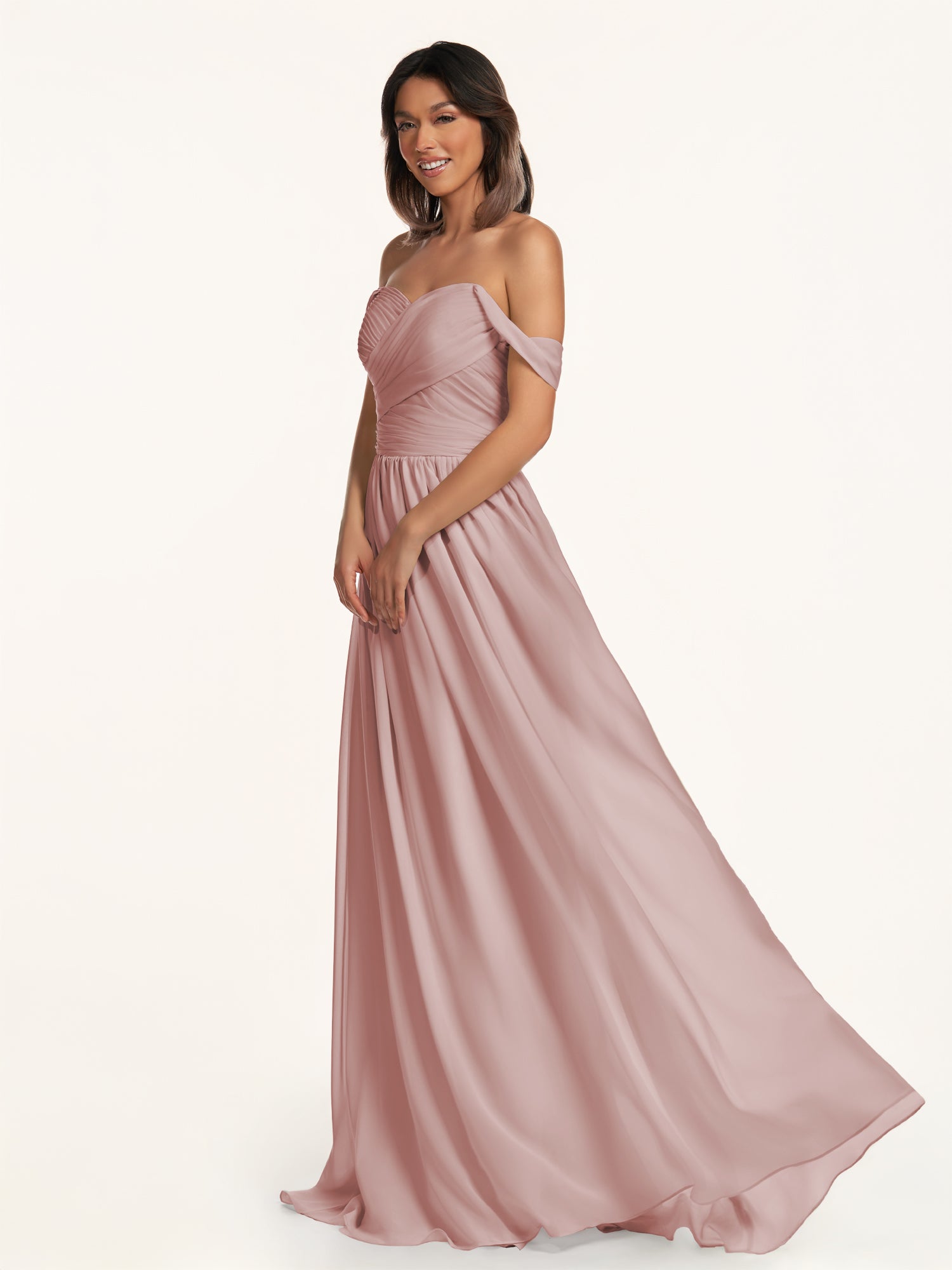 KissDress-Lia Dusty Rose A Line Chiffon Off the Shoulder Long Bridesmaid Dress with Pleats