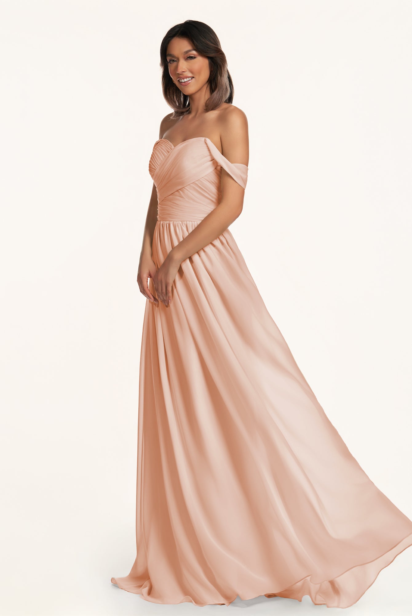 KissDress-Lia English Rose A Line Chiffon Off the Shoulder Long Bridesmaid Dress with Pleats