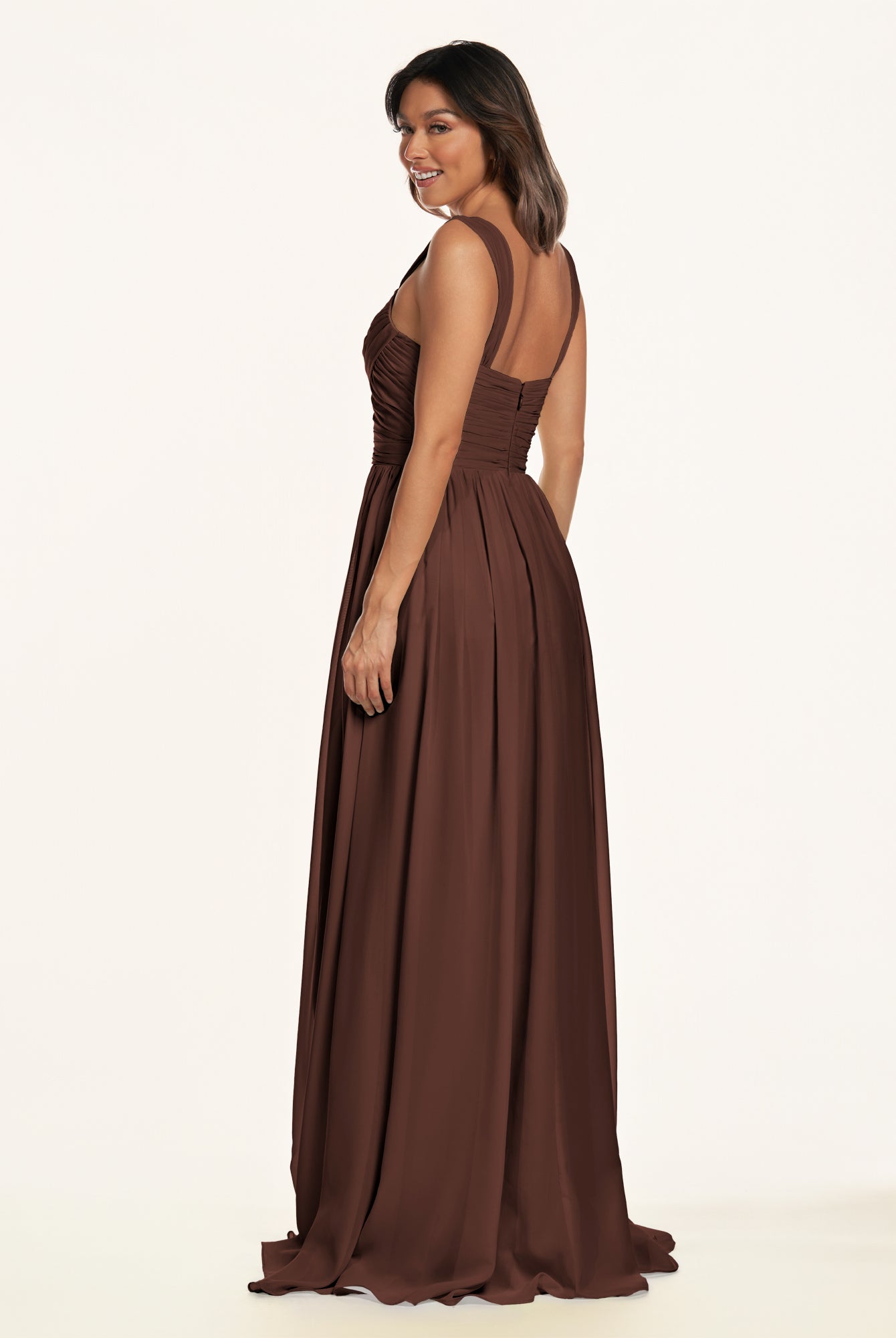 KissDress-Lia Espresso A Line Chiffon Off the Shoulder Long Bridesmaid Dress with Pleats