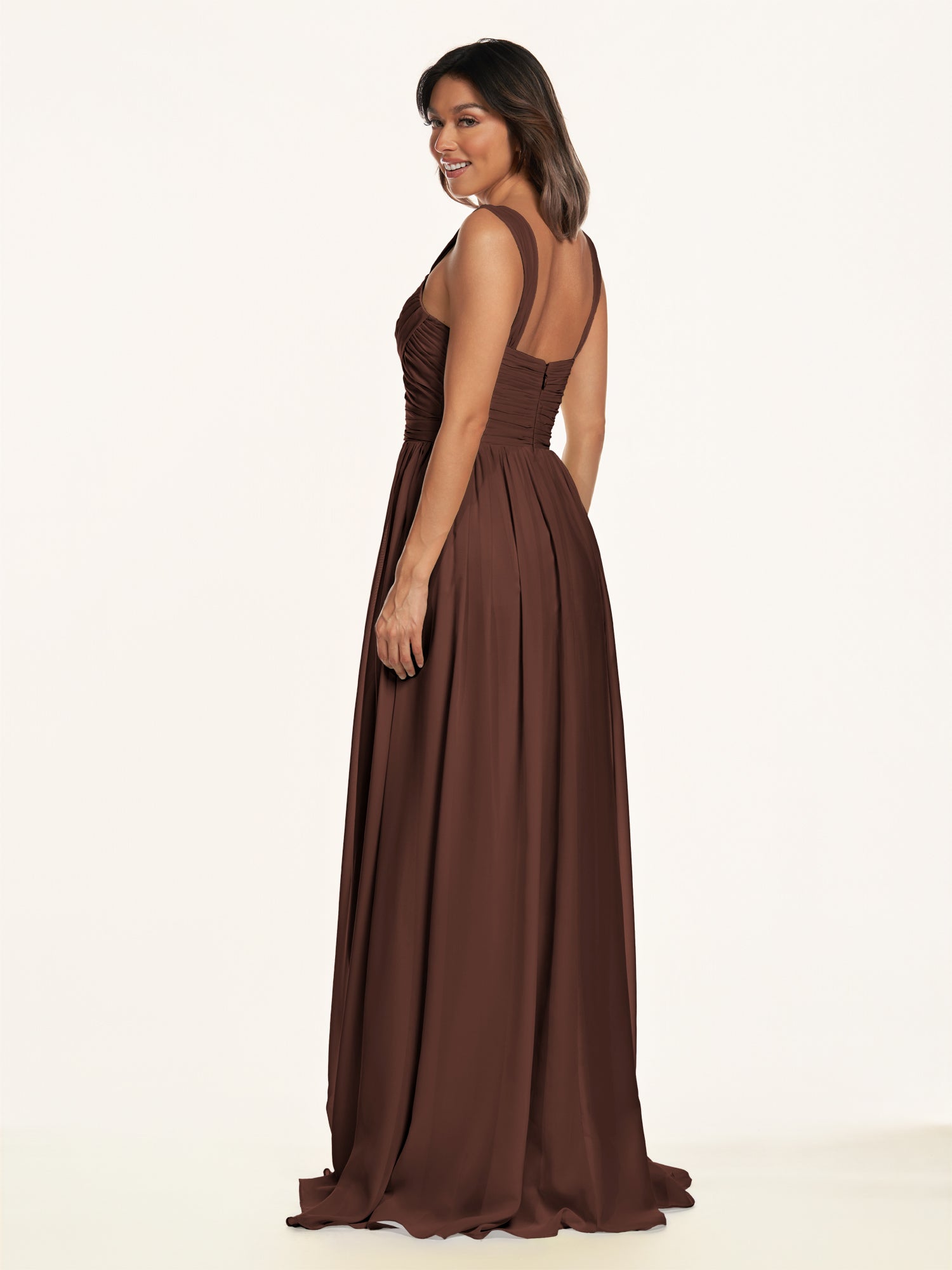 KissDress-Lia Espresso A Line Chiffon Off the Shoulder Long Bridesmaid Dress with Pleats