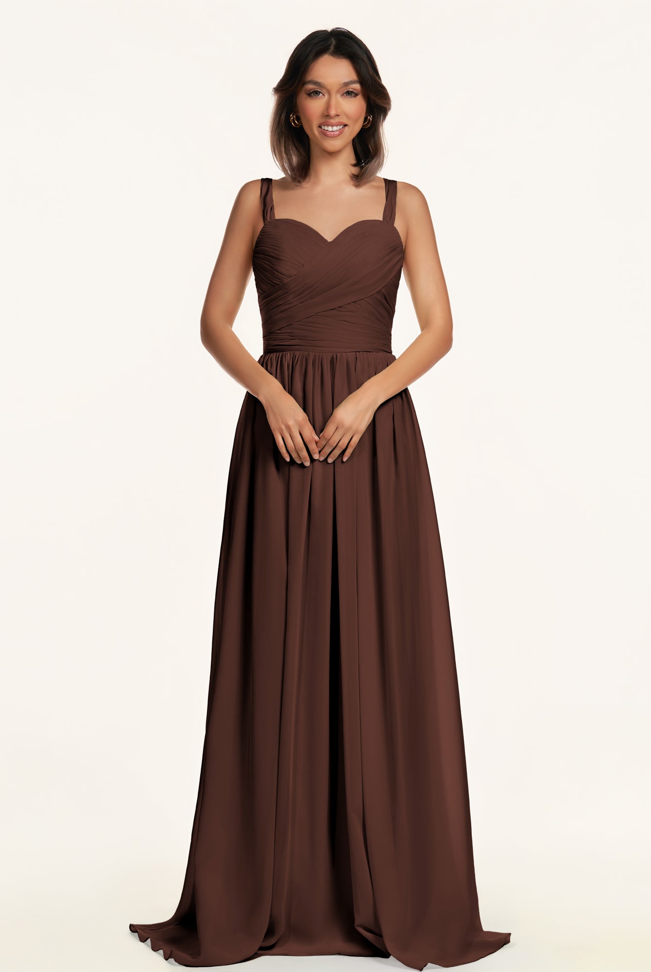 KissDress-Lia Espresso A Line Chiffon Off the Shoulder Long Bridesmaid Dress with Pleats