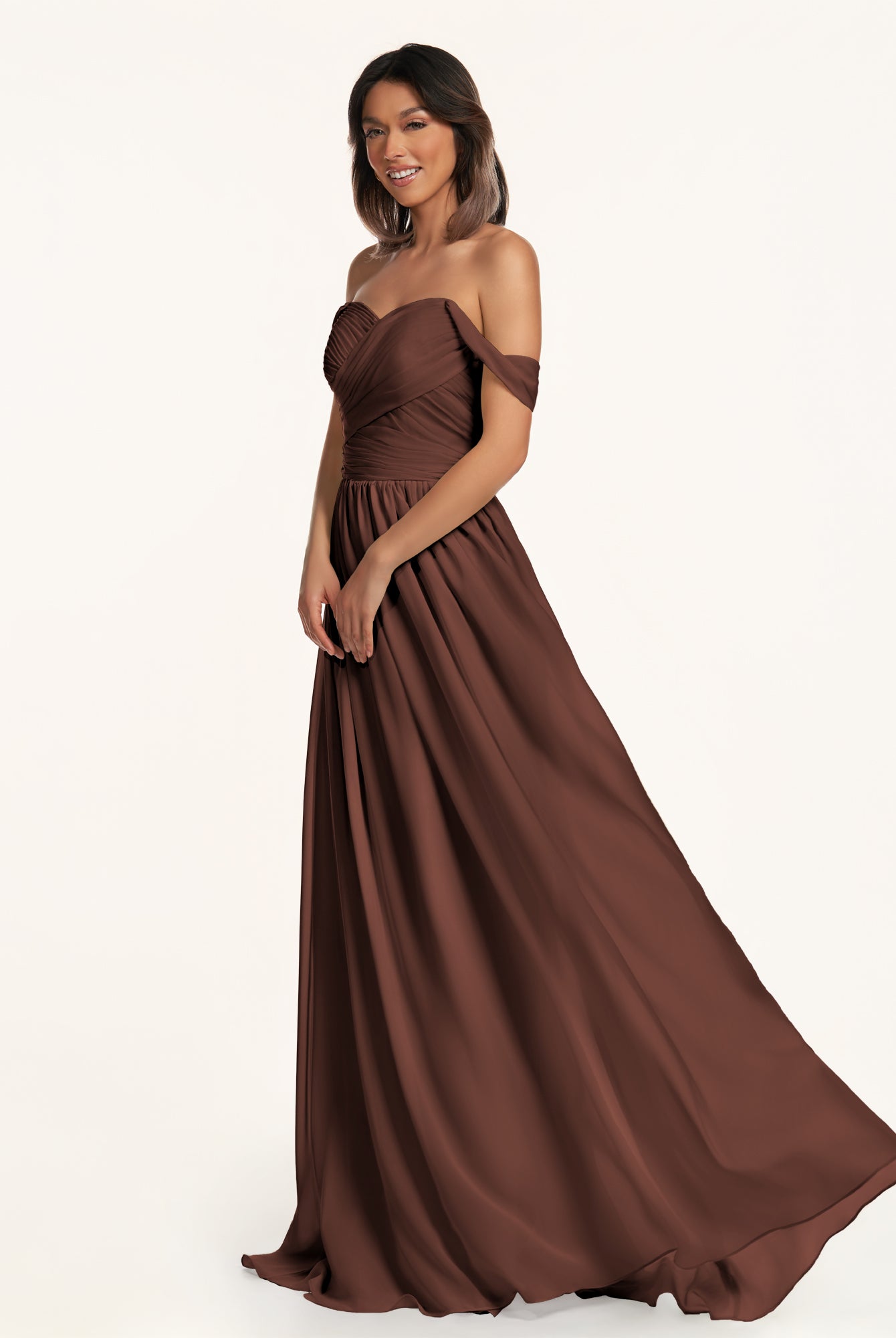 KissDress-Lia Espresso A Line Chiffon Off the Shoulder Long Bridesmaid Dress with Pleats