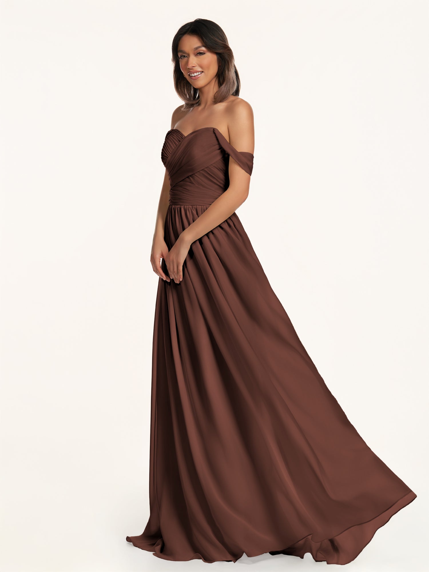 KissDress-Lia Espresso A Line Chiffon Off the Shoulder Long Bridesmaid Dress with Pleats