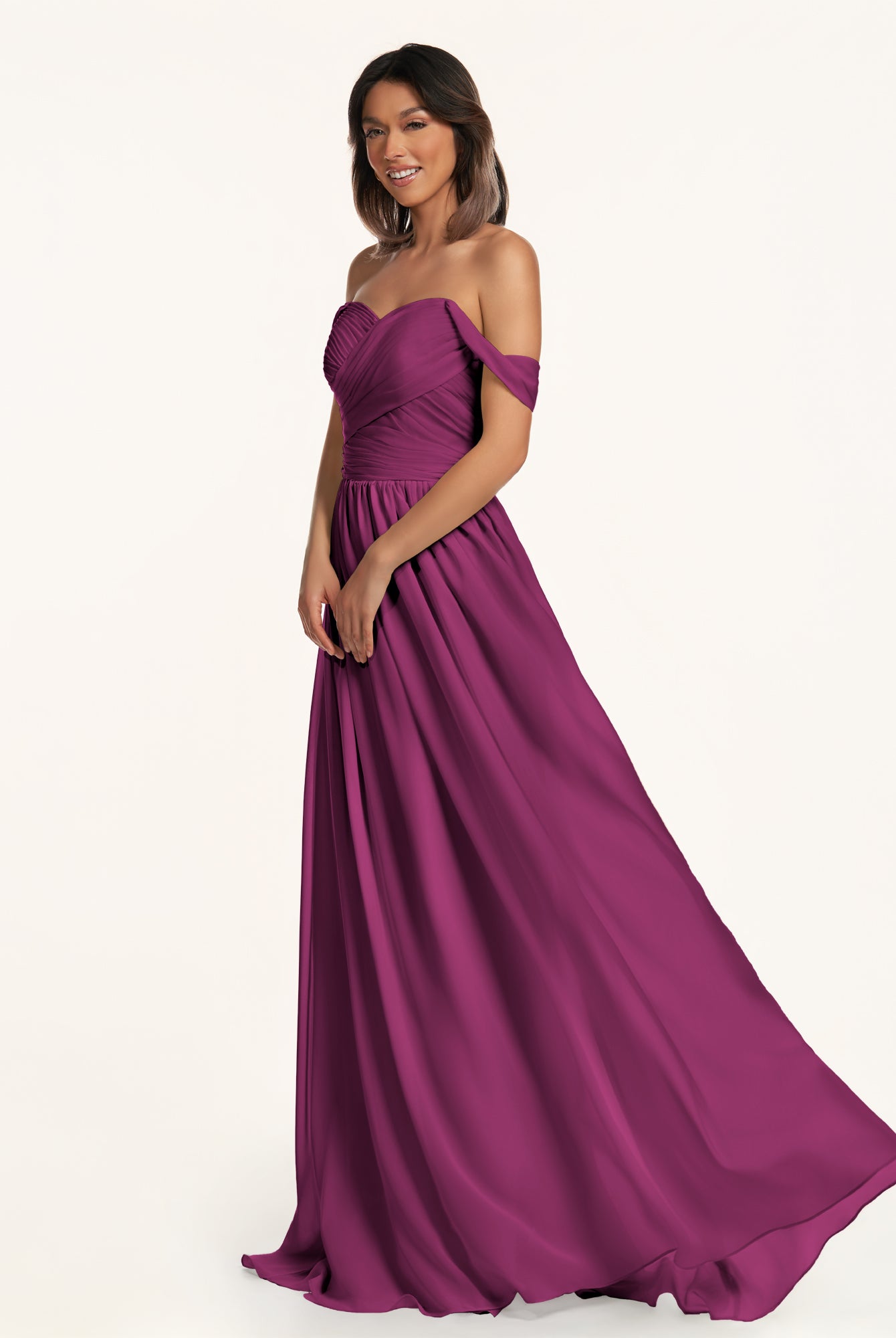 KissDress-Lia Fig A Line Chiffon Off the Shoulder Long Bridesmaid Dress with Pleats