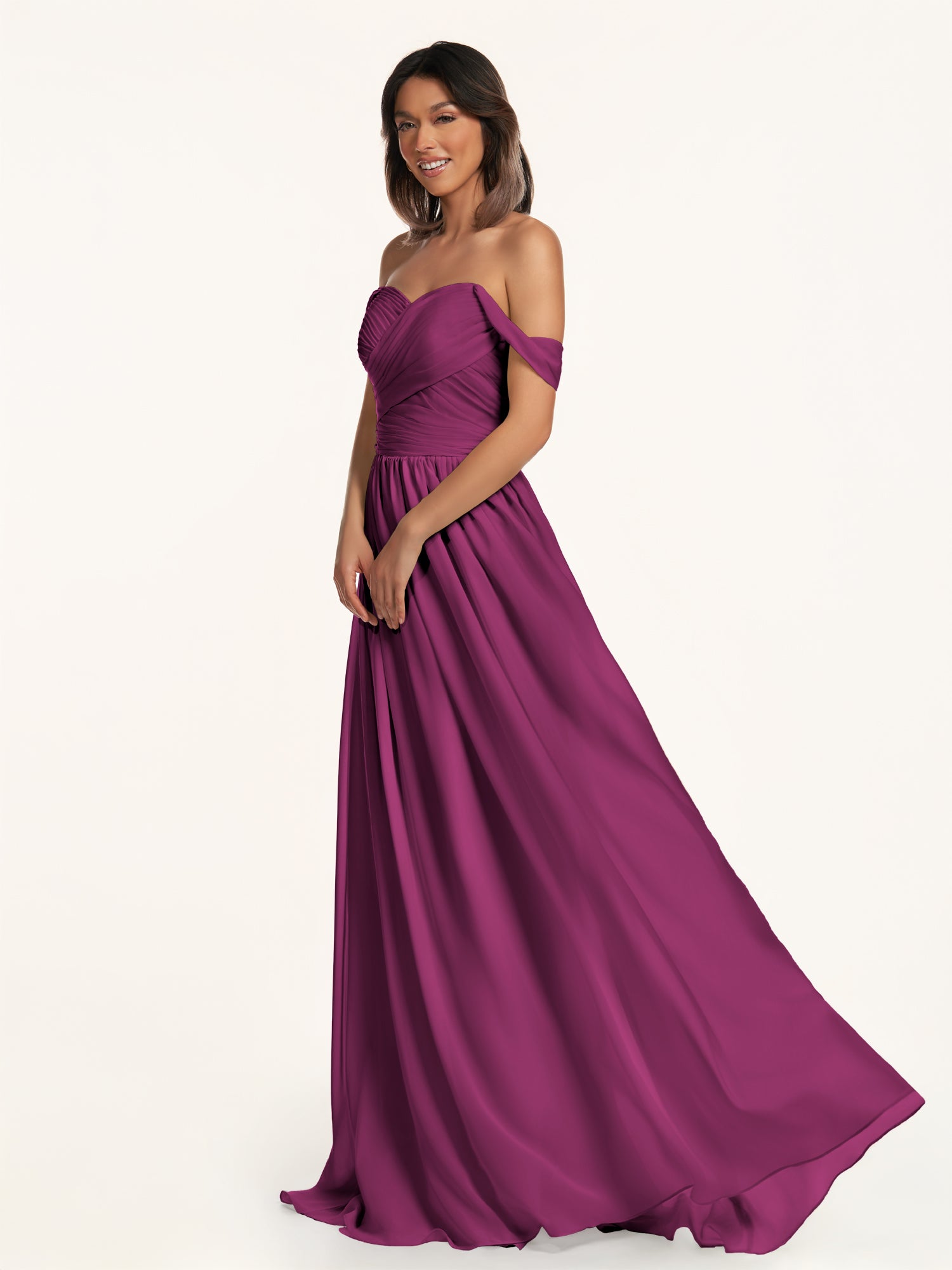 KissDress-Lia Fig A Line Chiffon Off the Shoulder Long Bridesmaid Dress with Pleats