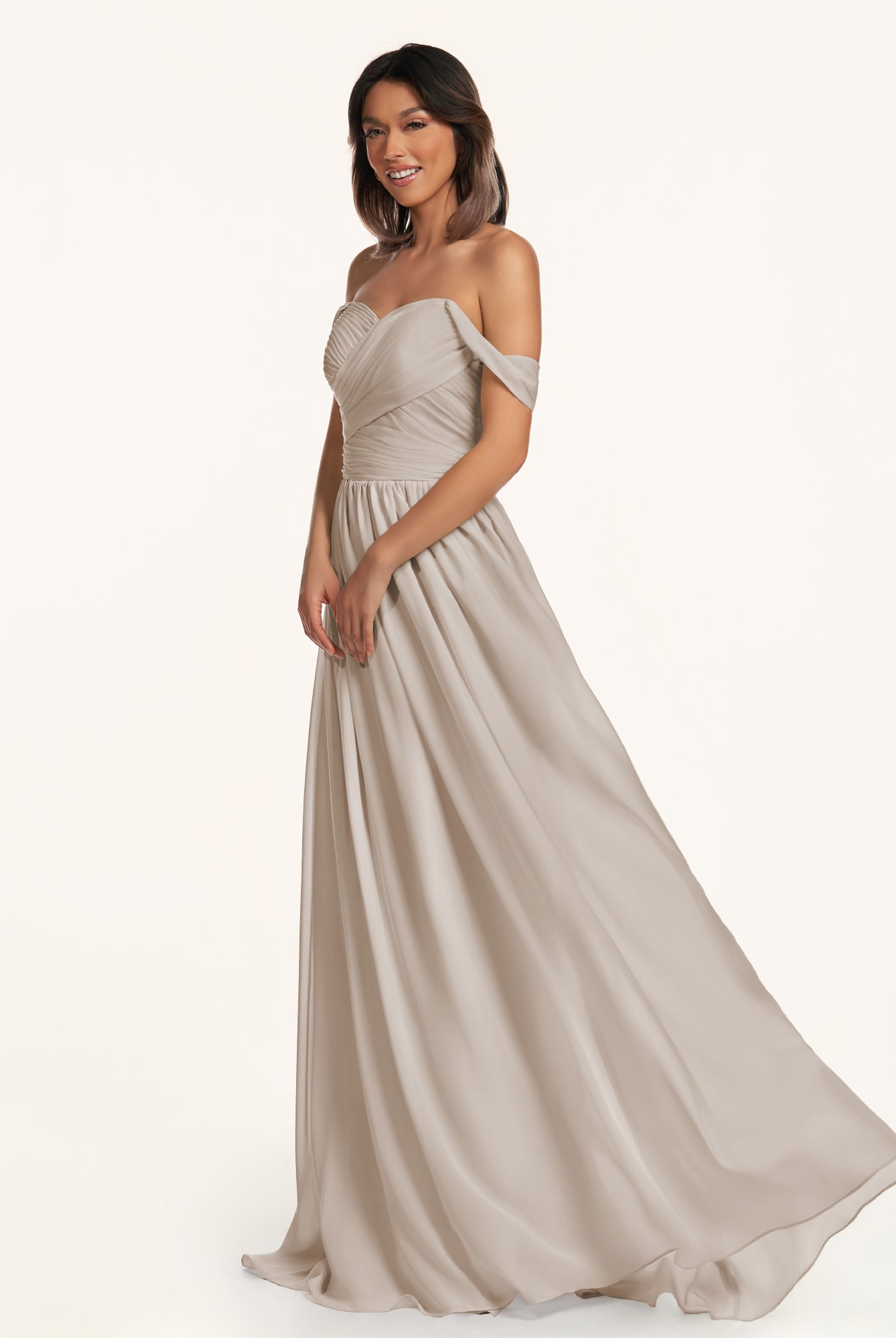 KissDress-Lia Frost A Line Chiffon Off the Shoulder Long Bridesmaid Dress with Pleats
