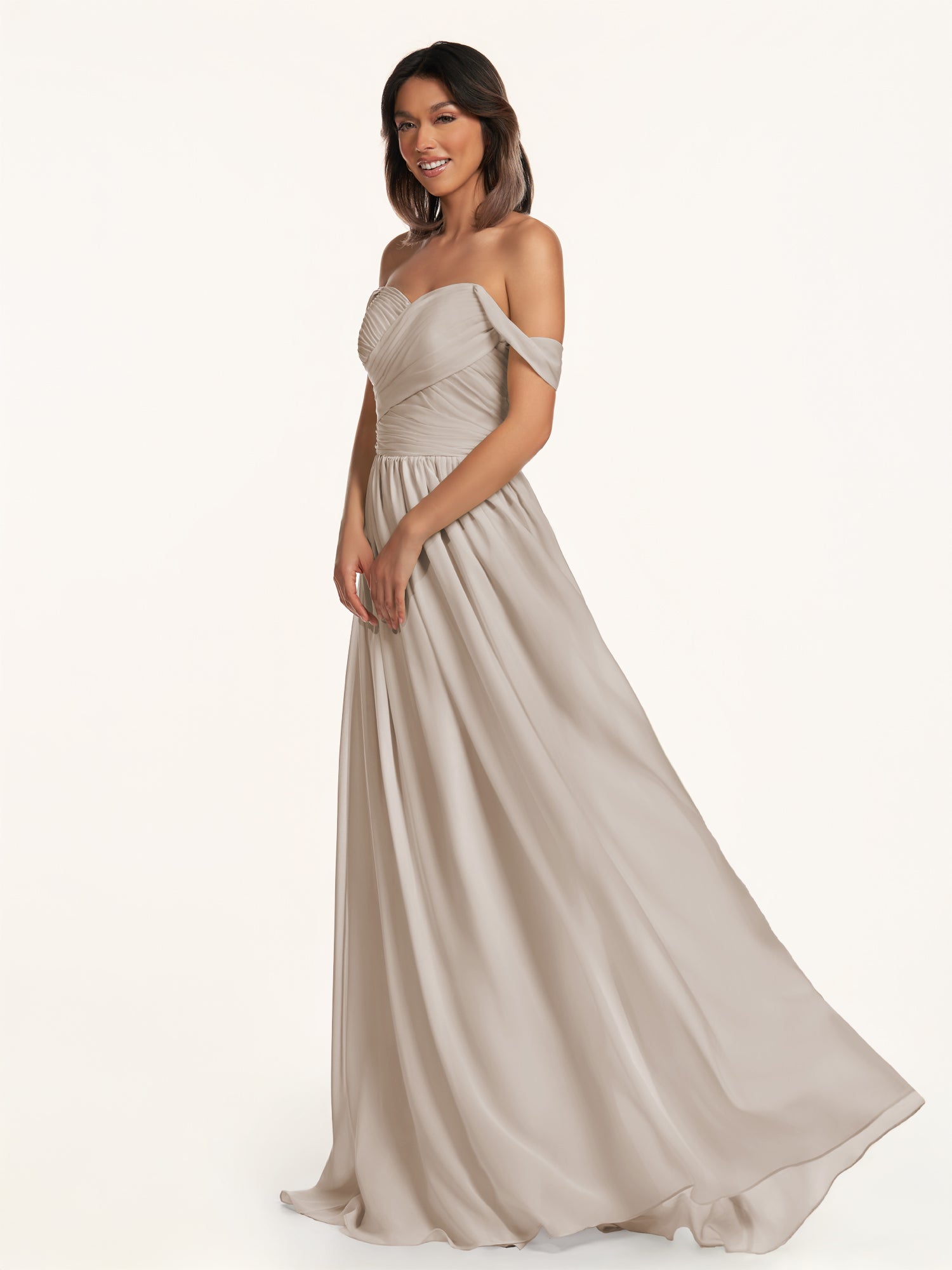 KissDress-Lia Frost A Line Chiffon Off the Shoulder Long Bridesmaid Dress with Pleats
