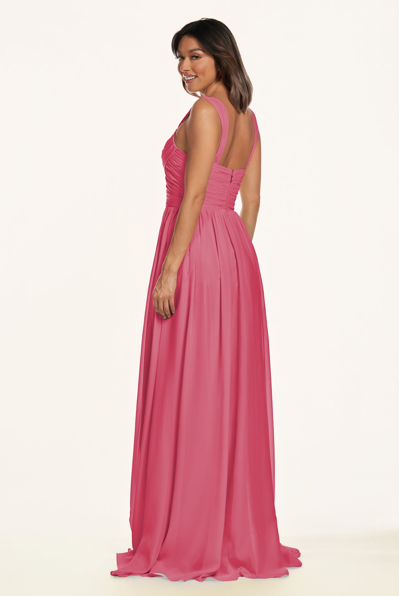 KissDress-Lia Fuchsia A Line Chiffon Off the Shoulder Long Bridesmaid Dress with Pleats