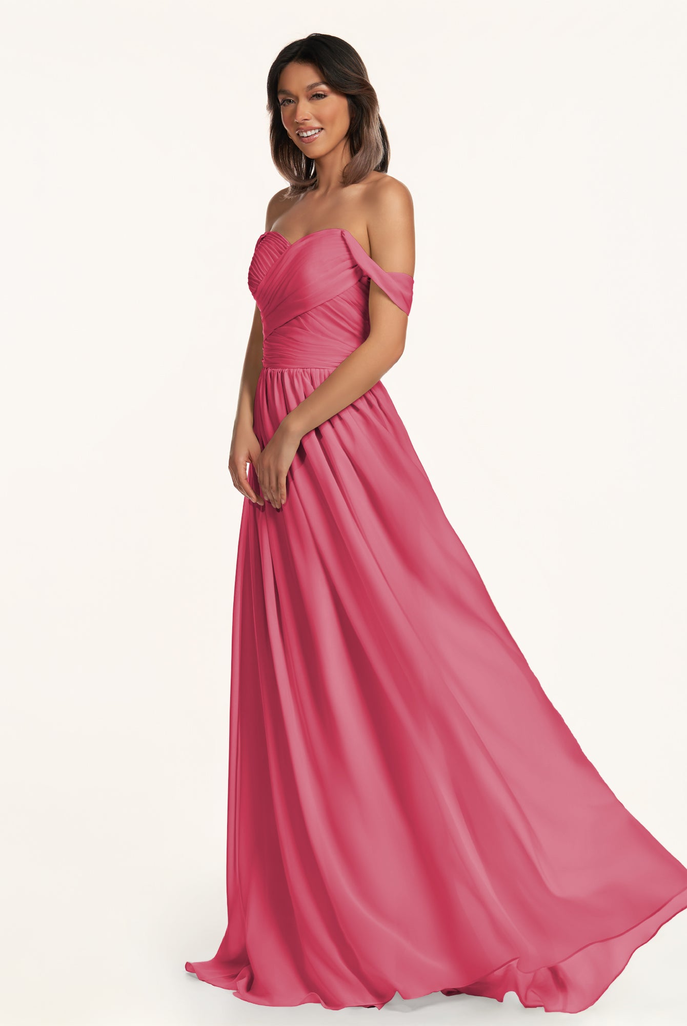 KissDress-Lia Fuchsia A Line Chiffon Off the Shoulder Long Bridesmaid Dress with Pleats