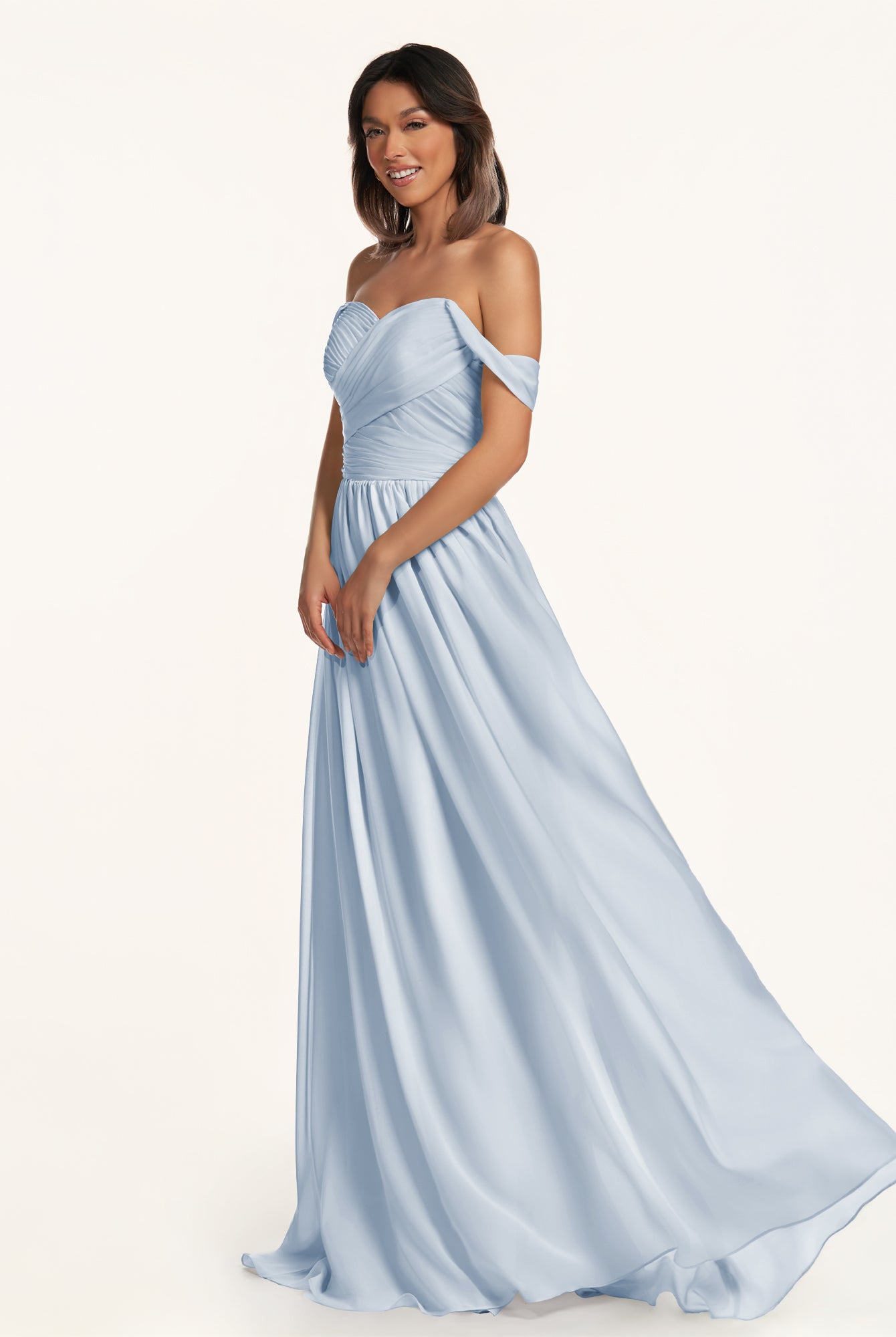 KissDress-Lia Ice A Line Chiffon Off the Shoulder Long Bridesmaid Dress with Pleats