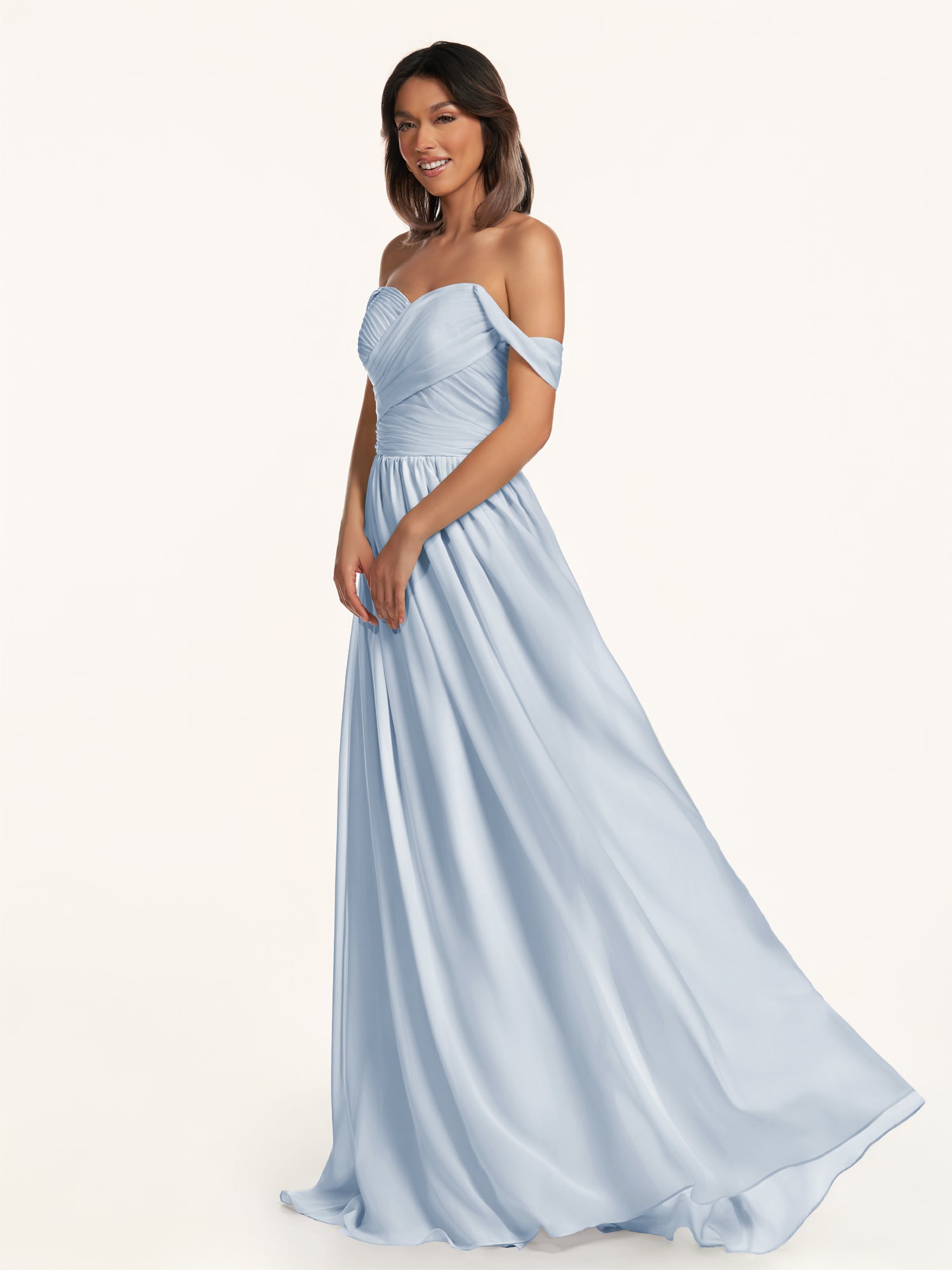 KissDress-Lia Ice A Line Chiffon Off the Shoulder Long Bridesmaid Dress with Pleats