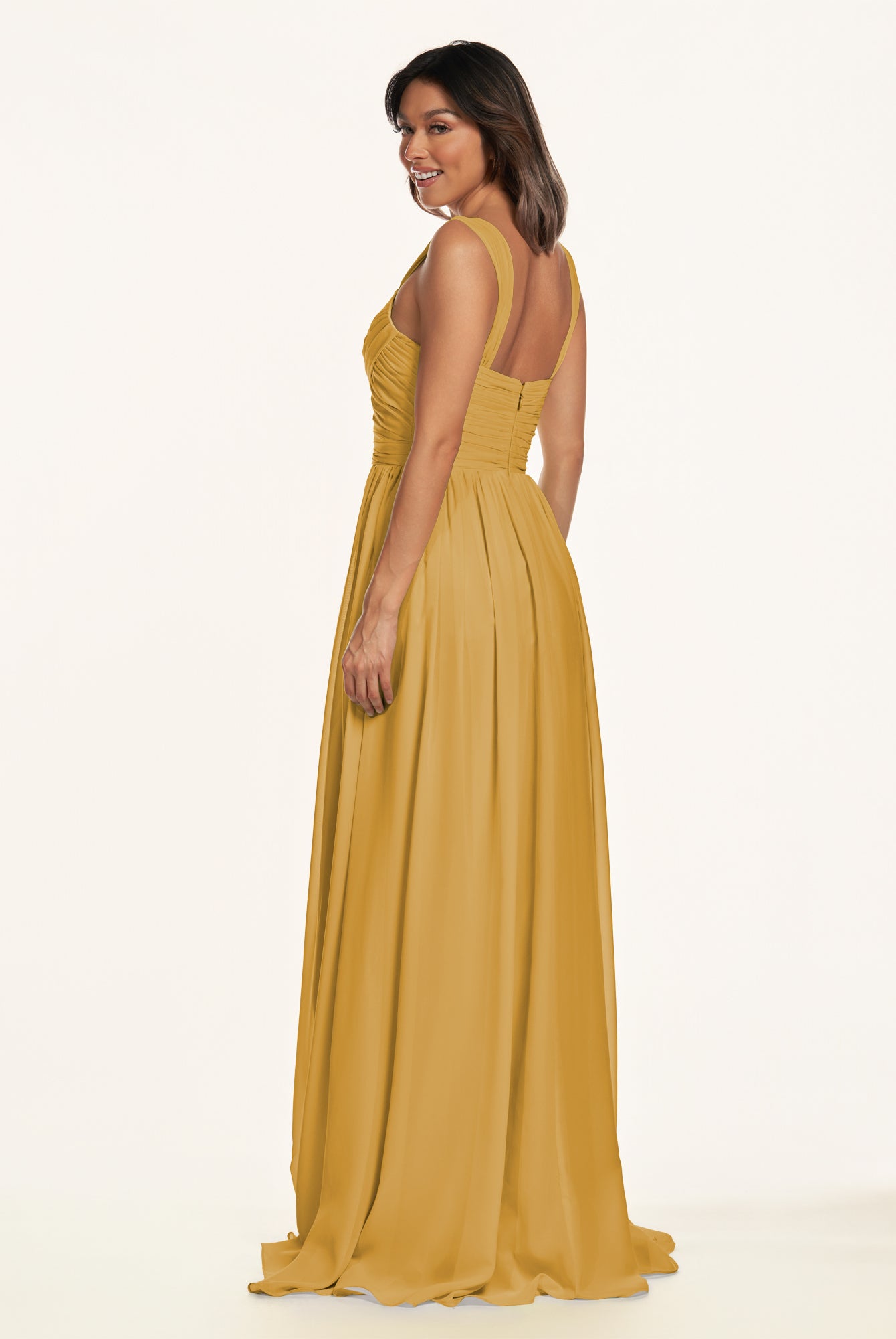 KissDress-Lia Marigold A Line Chiffon Off the Shoulder Long Bridesmaid Dress with Pleats