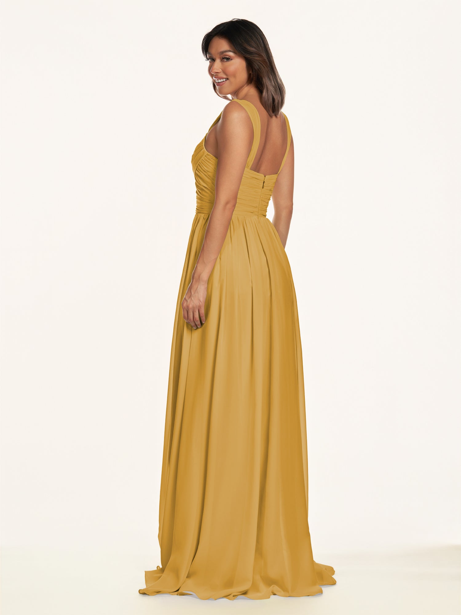 KissDress-Lia Marigold A Line Chiffon Off the Shoulder Long Bridesmaid Dress with Pleats