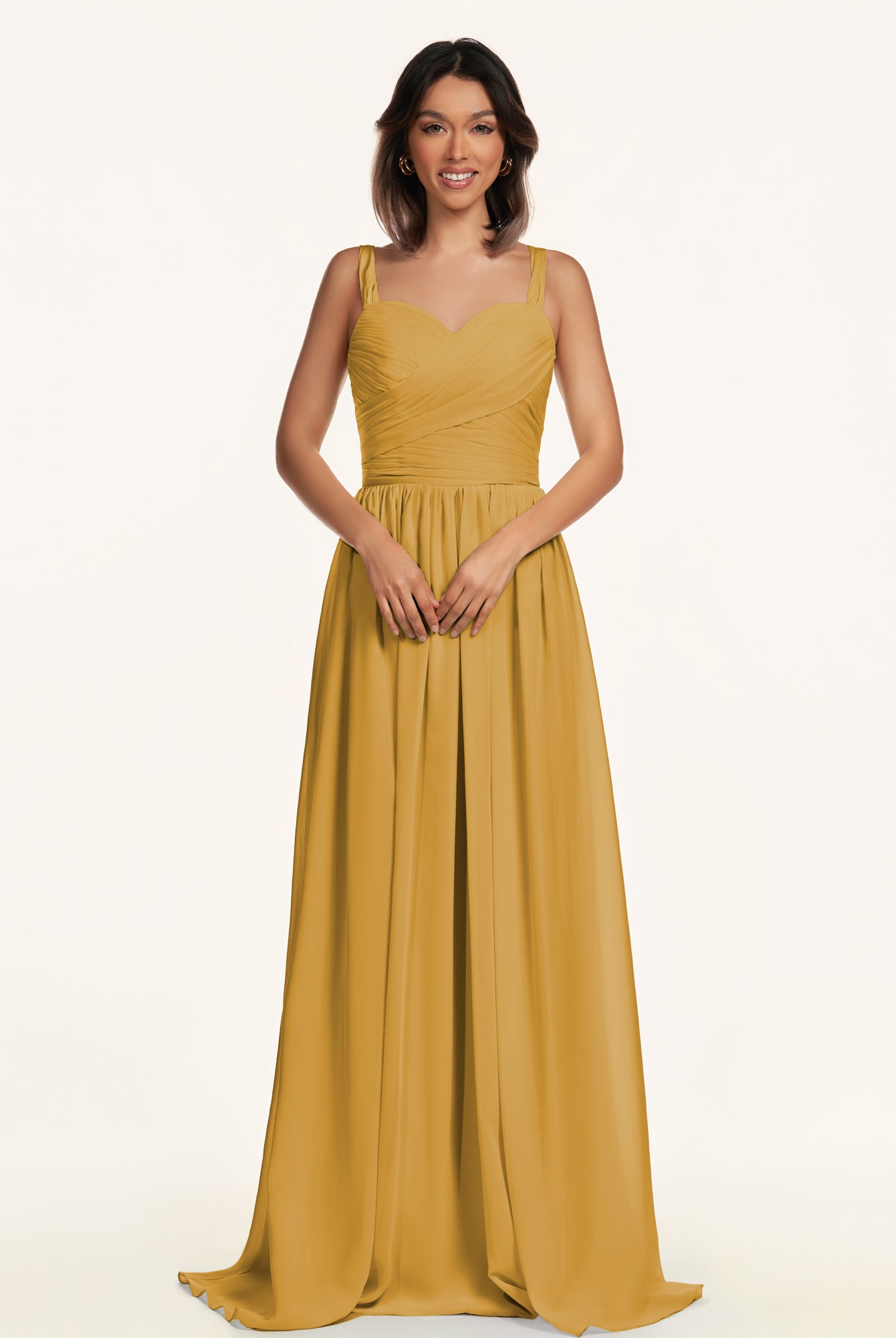 KissDress-Lia Marigold A Line Chiffon Off the Shoulder Long Bridesmaid Dress with Pleats