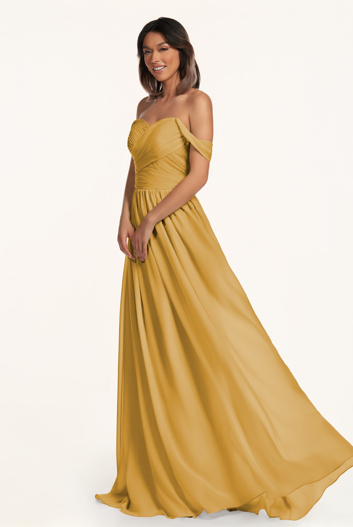 KissDress-Lia Marigold A Line Chiffon Off the Shoulder Long Bridesmaid Dress with Pleats