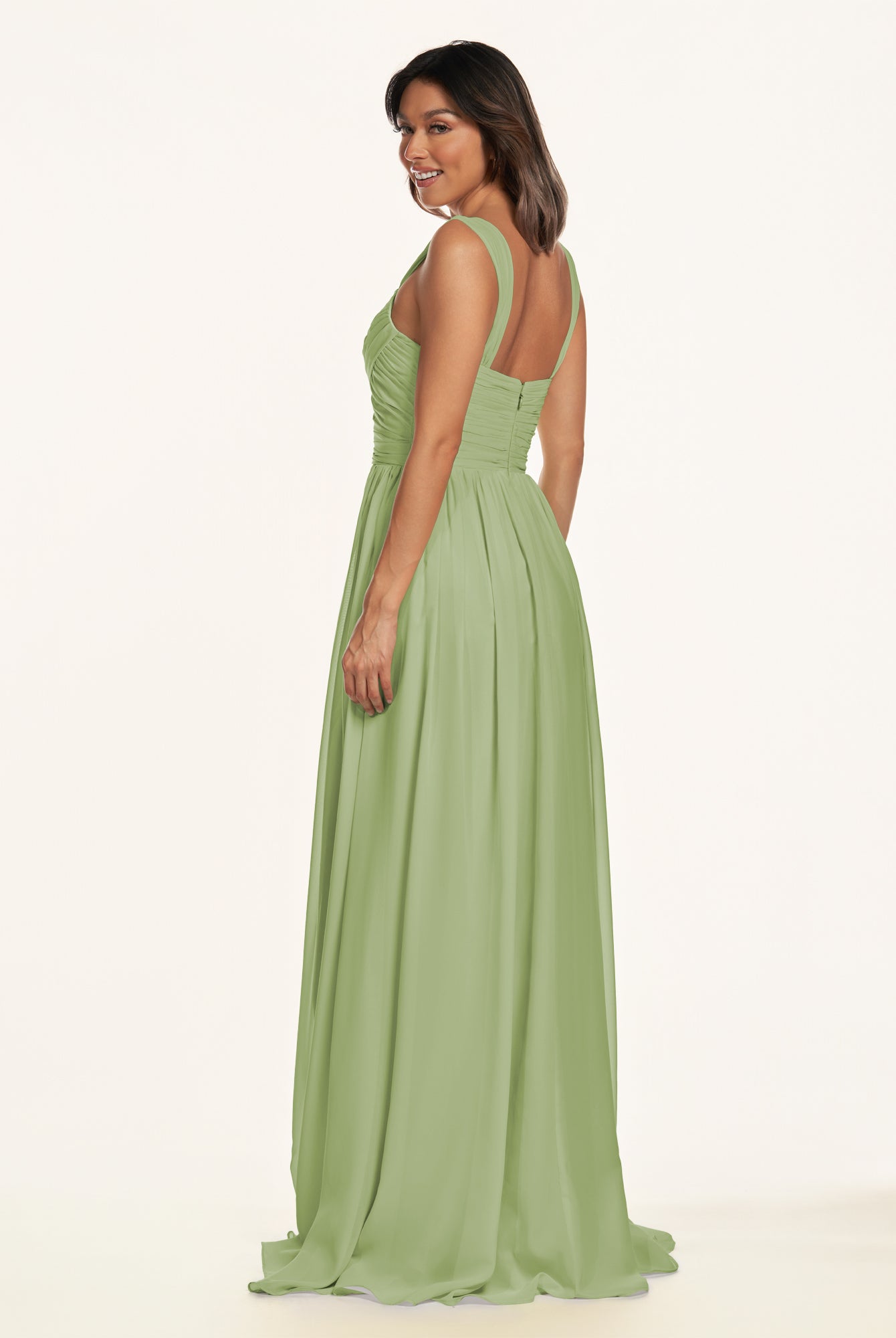 KissDress-Lia Matcha A Line Chiffon Off the Shoulder Long Bridesmaid Dress with Pleats