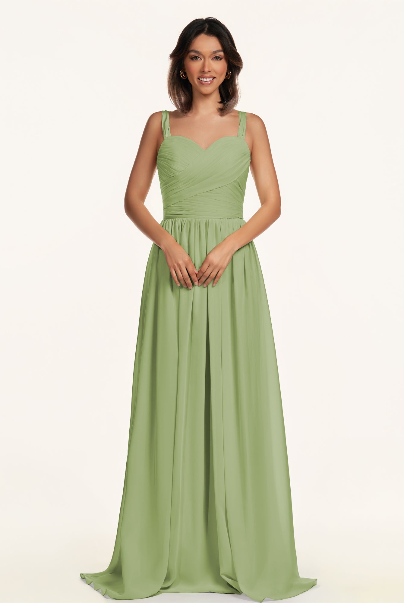 KissDress-Lia Matcha A Line Chiffon Off the Shoulder Long Bridesmaid Dress with Pleats
