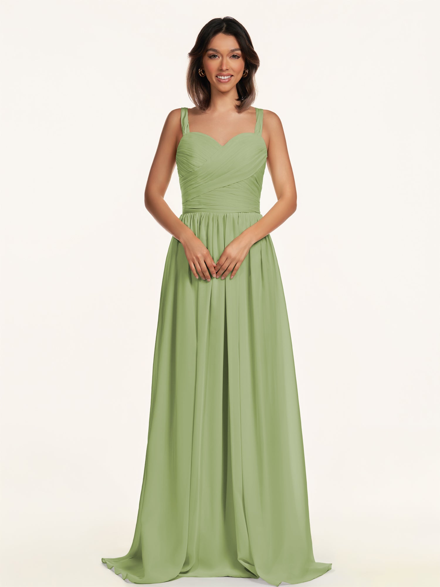 KissDress-Lia Matcha A Line Chiffon Off the Shoulder Long Bridesmaid Dress with Pleats