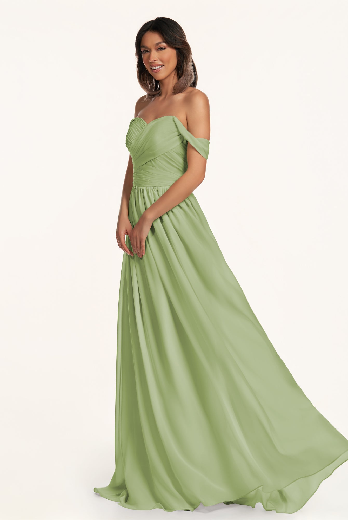KissDress-Lia Matcha A Line Chiffon Off the Shoulder Long Bridesmaid Dress with Pleats