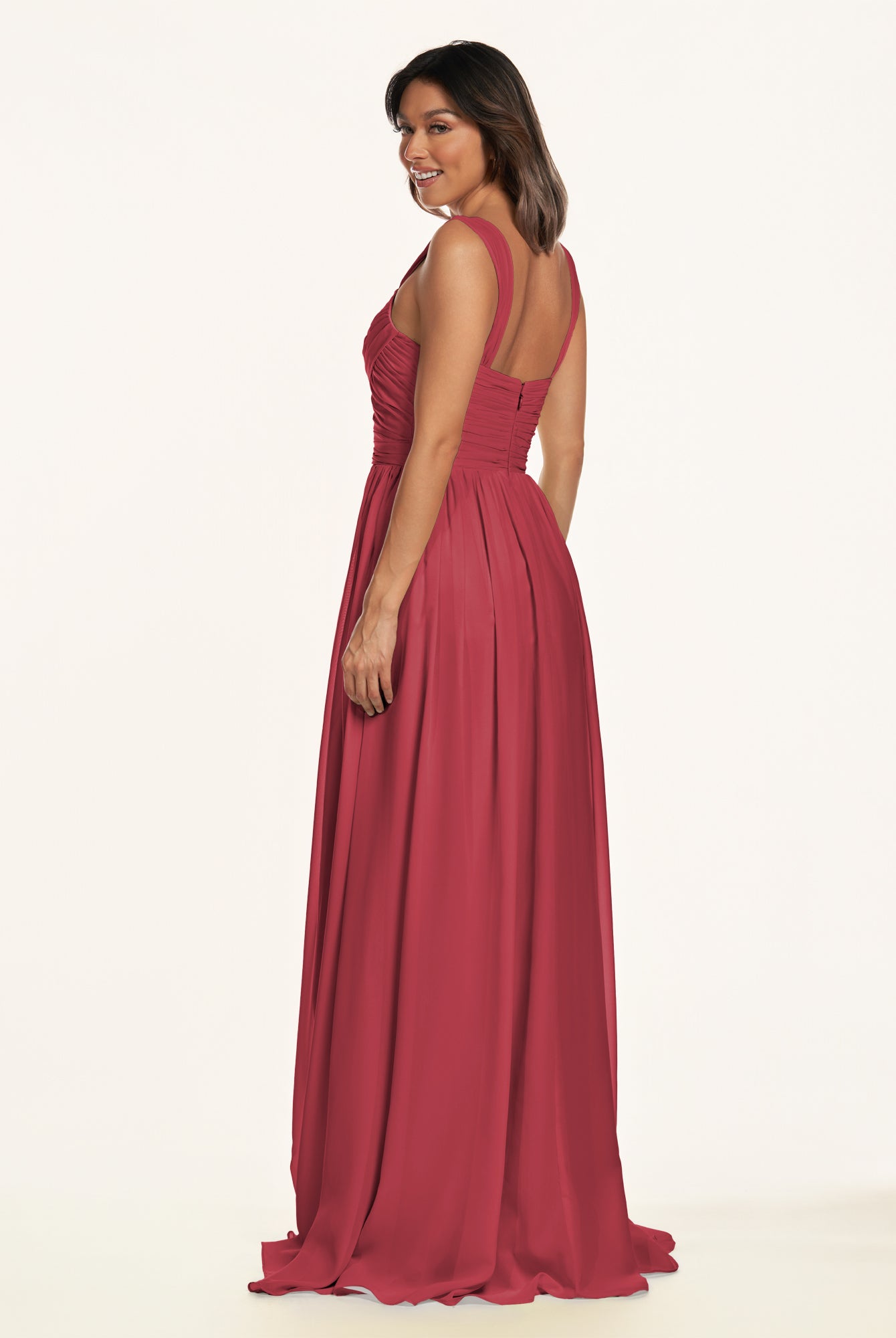 KissDress-Lia Merlot A Line Chiffon Off the Shoulder Long Bridesmaid Dress with Pleats