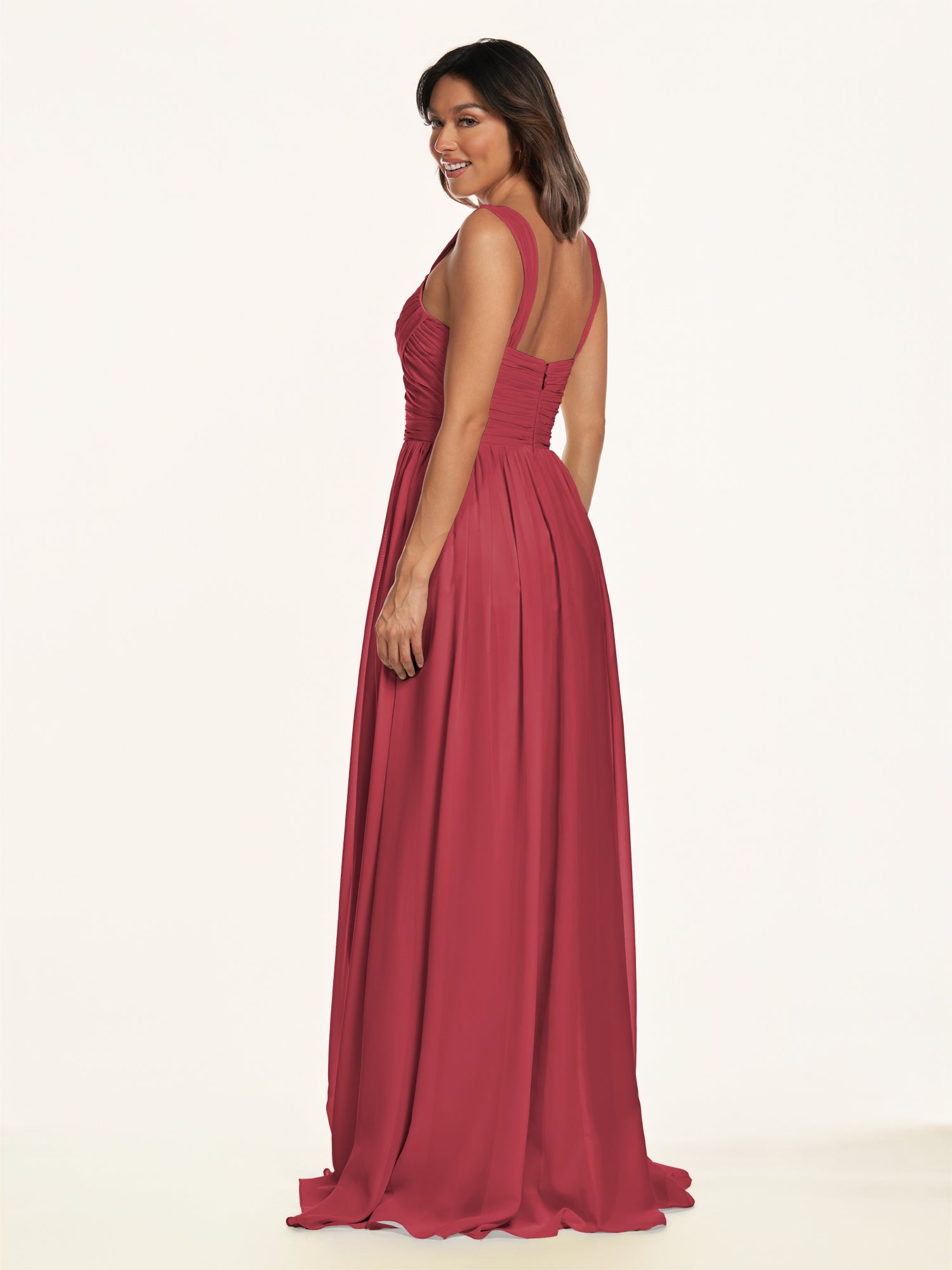 KissDress-Lia Merlot A Line Chiffon Off the Shoulder Long Bridesmaid Dress with Pleats