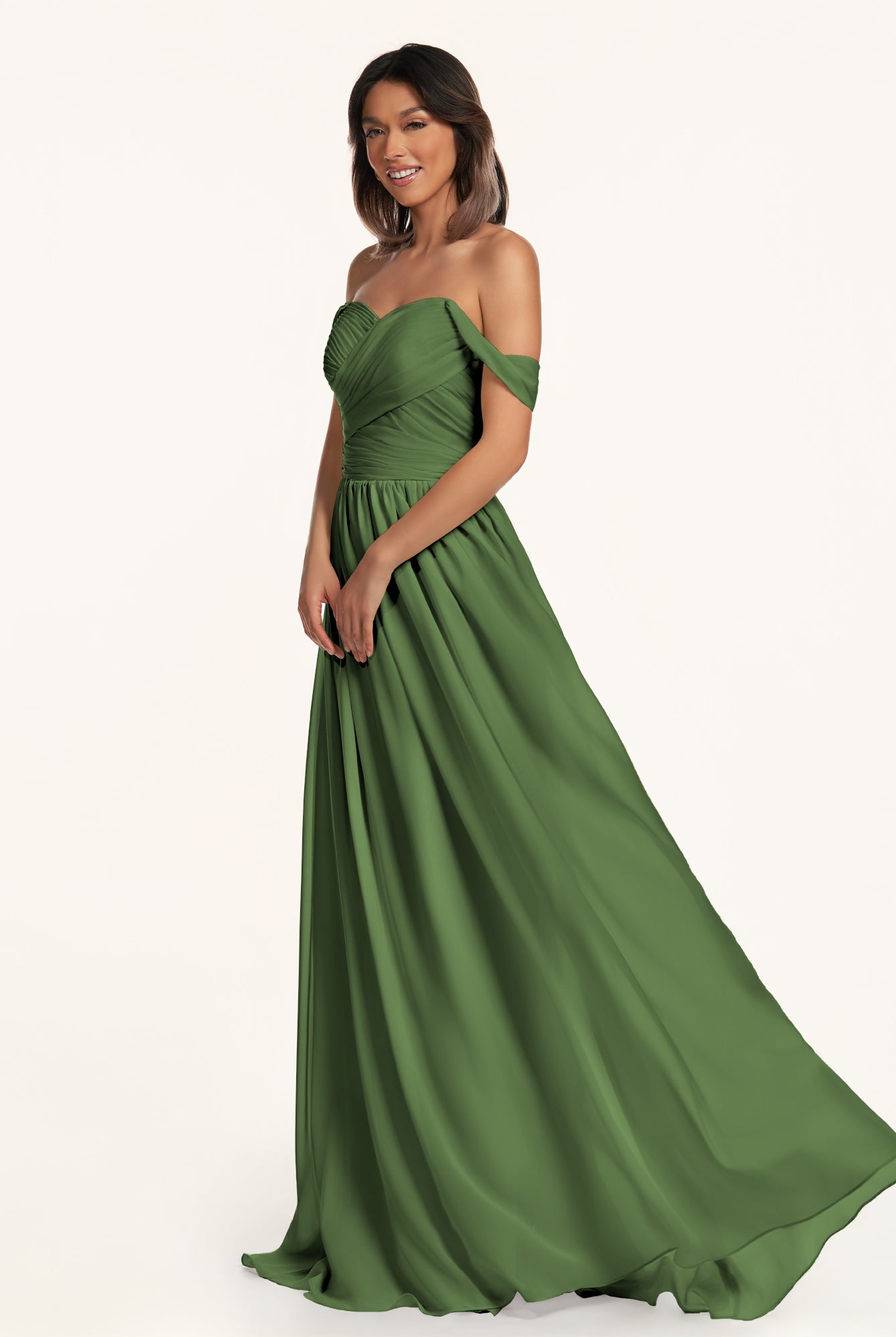 KissDress-Lia Moss A Line Chiffon Off the Shoulder Long Bridesmaid Dress with Pleats
