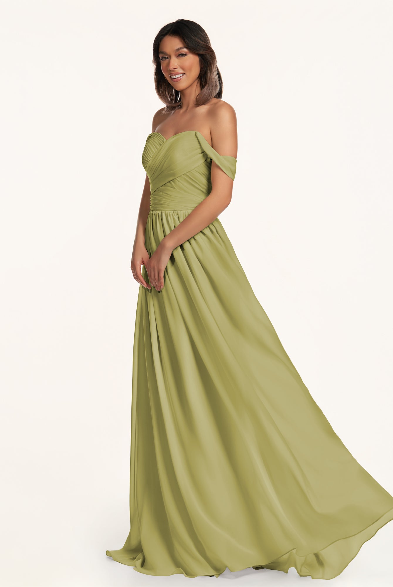 KissDress-Lia Moss Green A Line Chiffon Off the Shoulder Long Bridesmaid Dress with Pleats