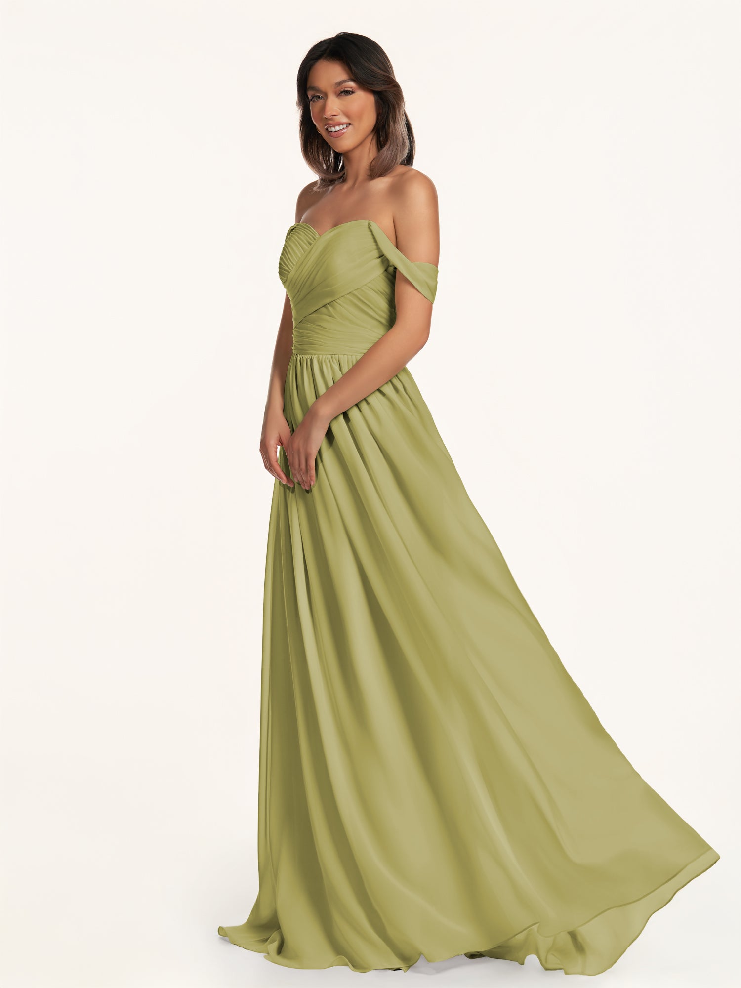 KissDress-Lia Moss Green A Line Chiffon Off the Shoulder Long Bridesmaid Dress with Pleats