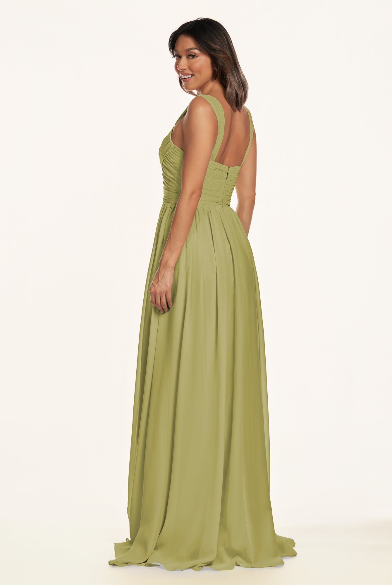 KissDress-Lia Moss Green A Line Chiffon Off the Shoulder Long Bridesmaid Dress with Pleats