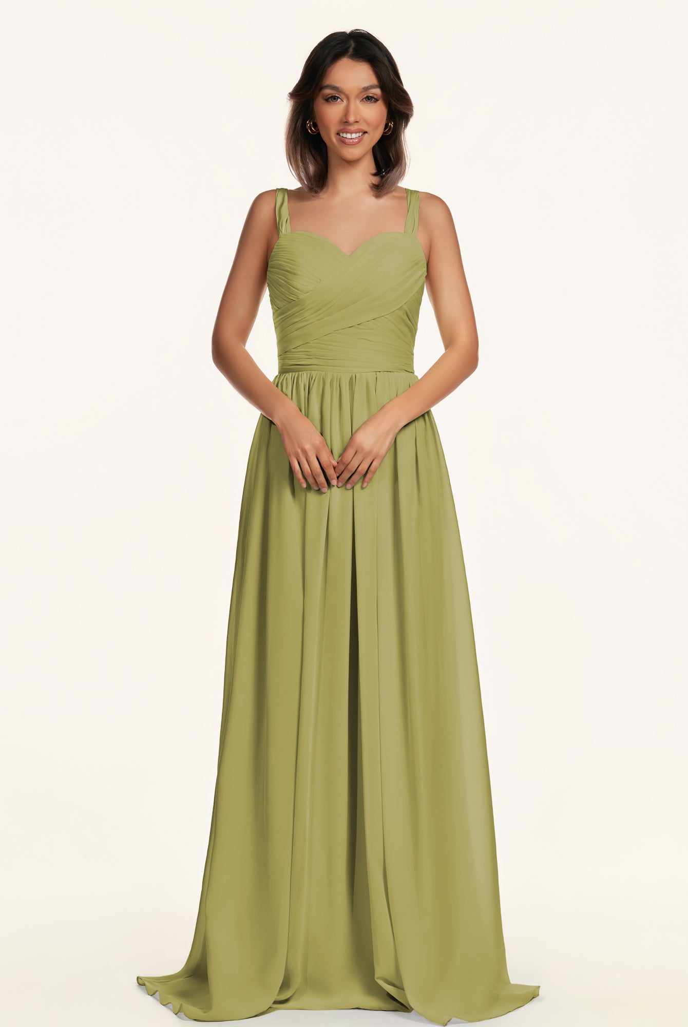 KissDress-Lia Moss Green A Line Chiffon Off the Shoulder Long Bridesmaid Dress with Pleats