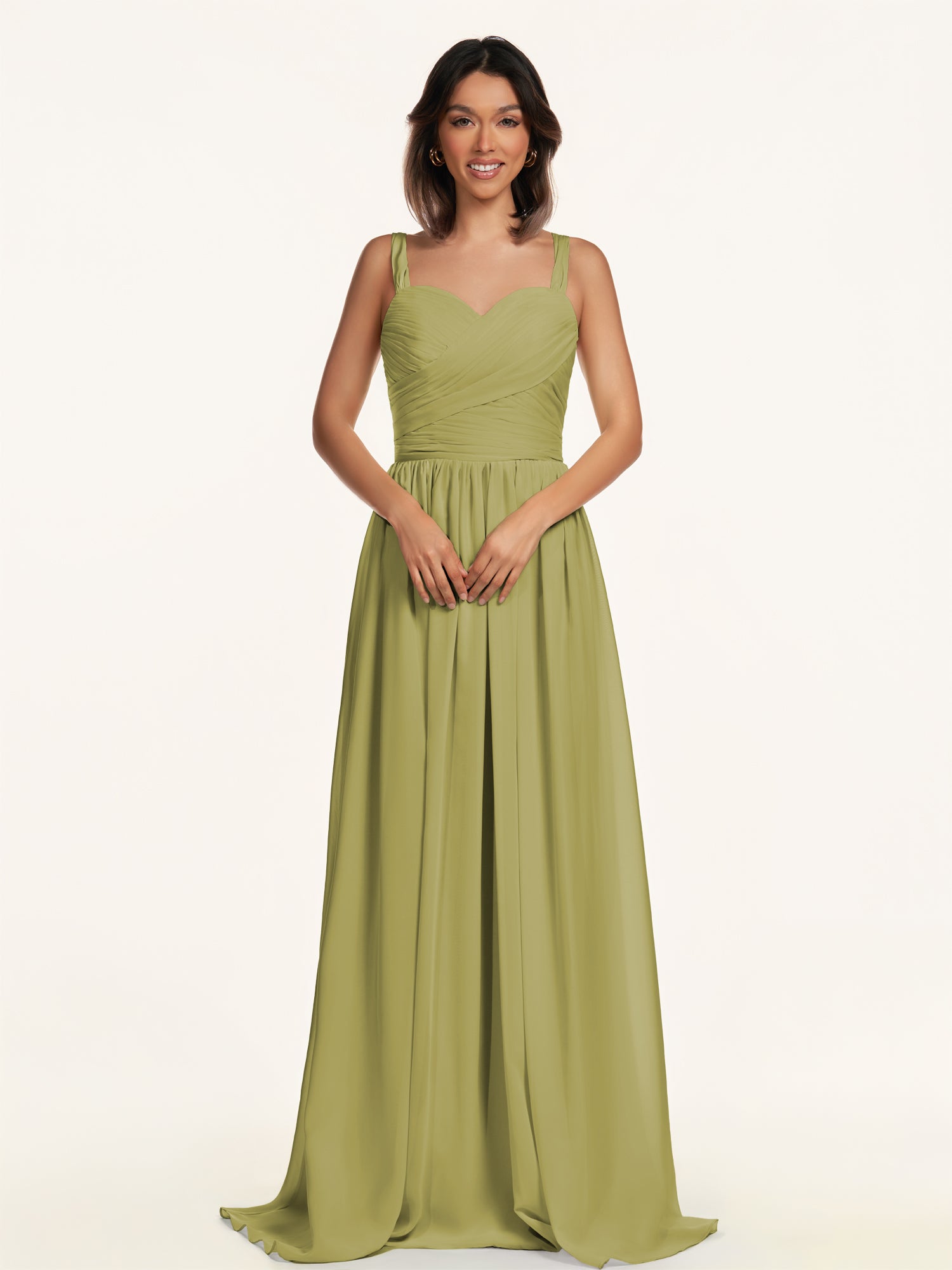 KissDress-Lia Moss Green A Line Chiffon Off the Shoulder Long Bridesmaid Dress with Pleats