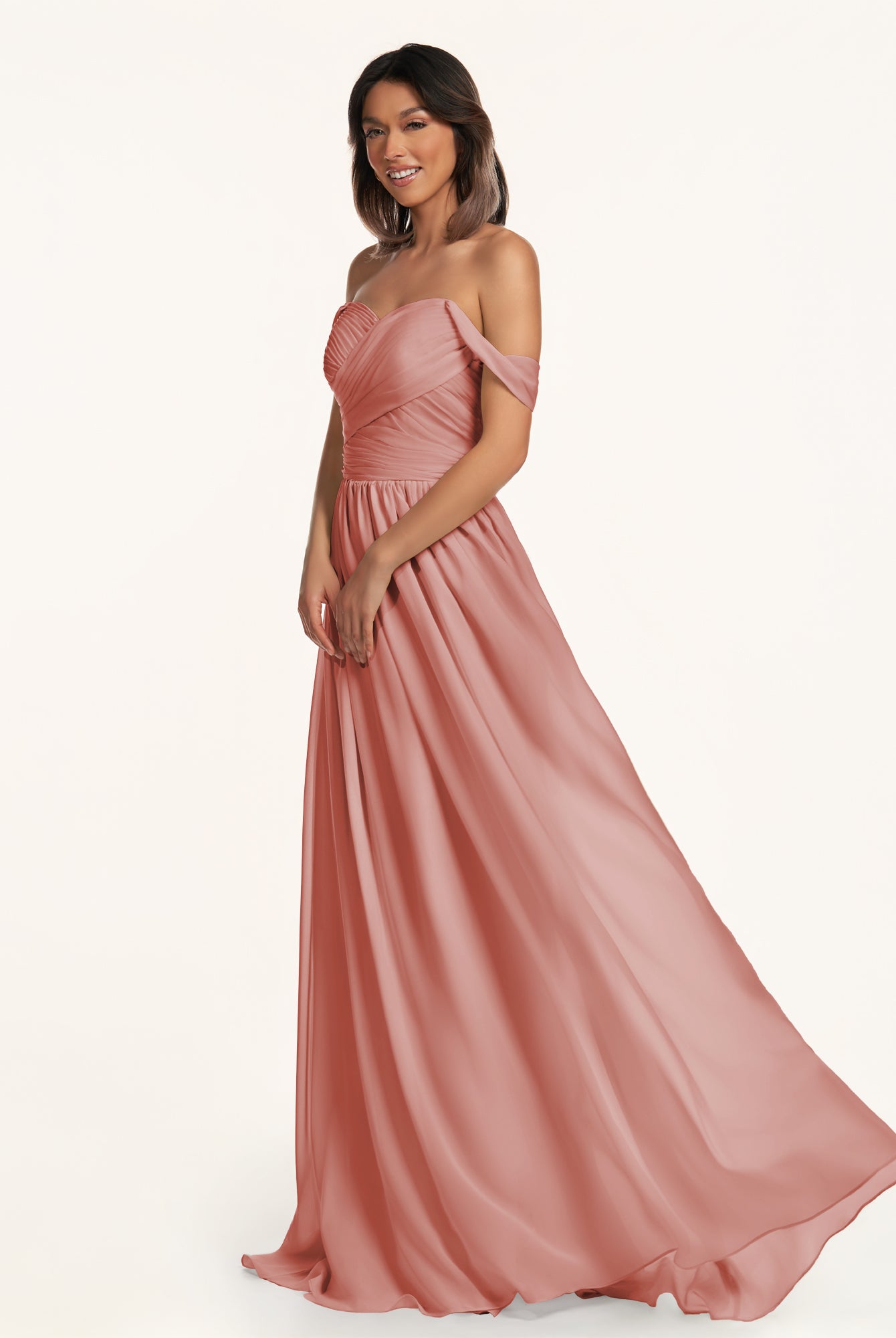 KissDress-Lia Mulberry A Line Chiffon Off the Shoulder Long Bridesmaid Dress with Pleats