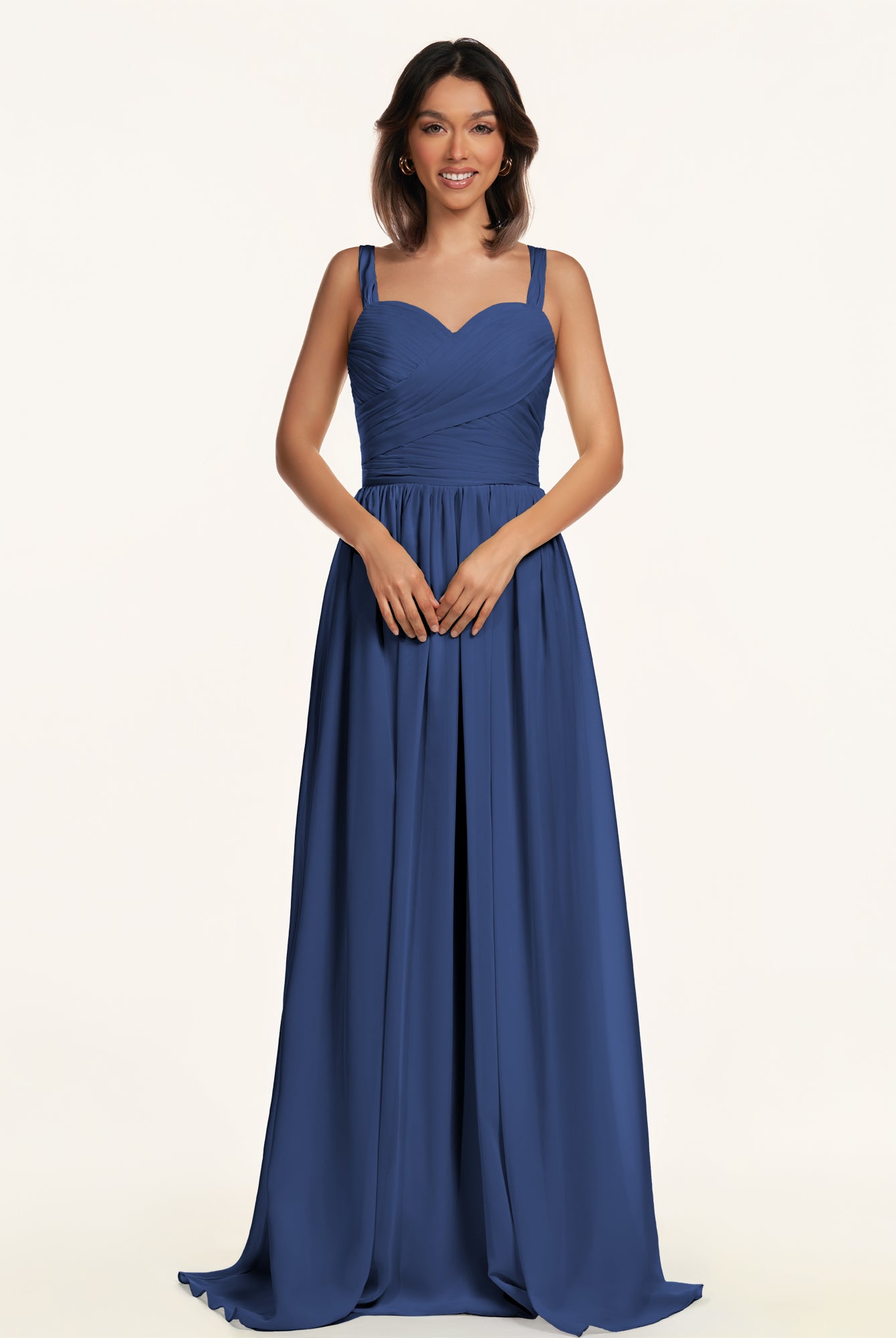 KissDress-Lia Navy A Line Chiffon Off the Shoulder Long Bridesmaid Dress with Pleats