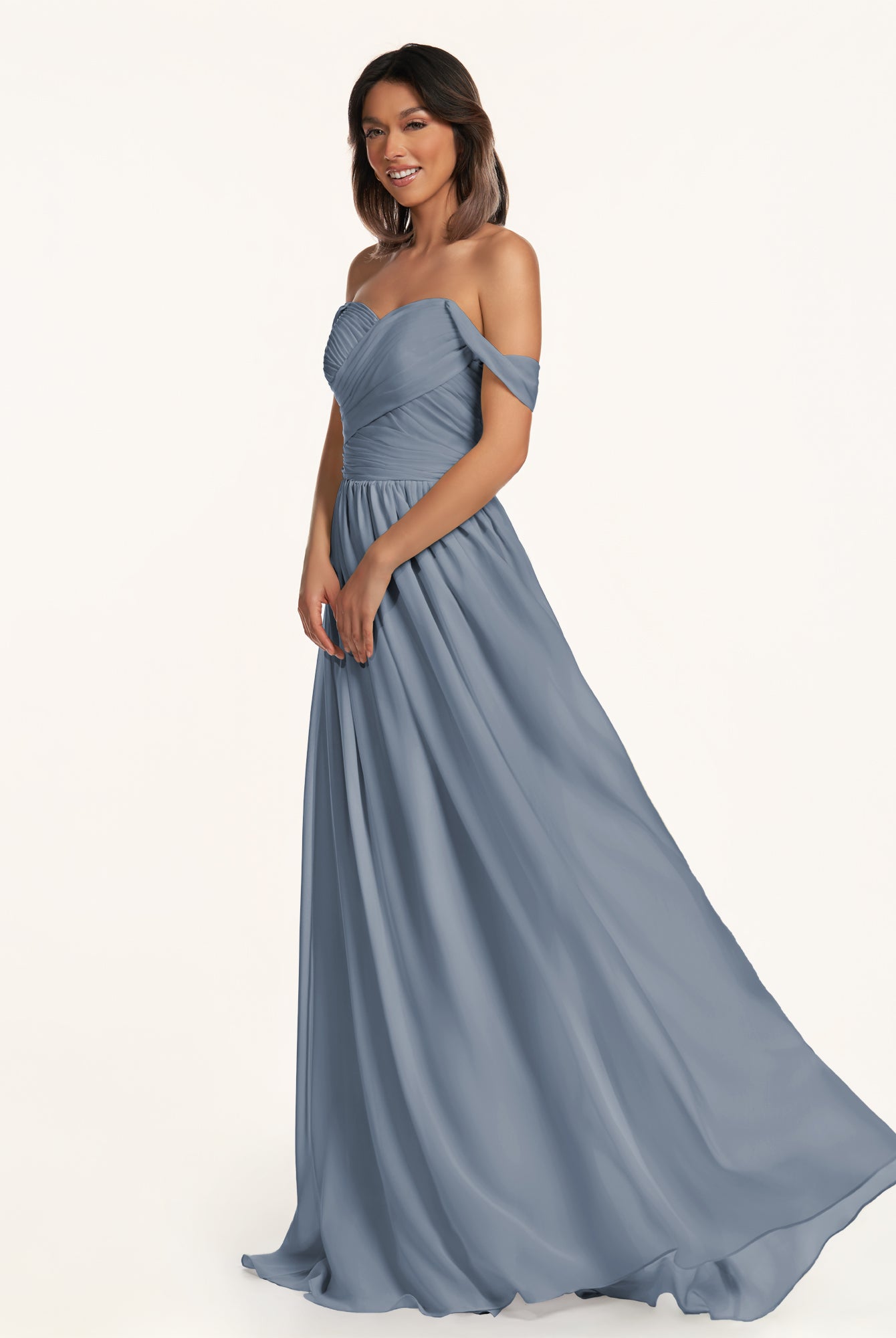 KissDress-Lia Neptune A Line Chiffon Off the Shoulder Long Bridesmaid Dress with Pleats