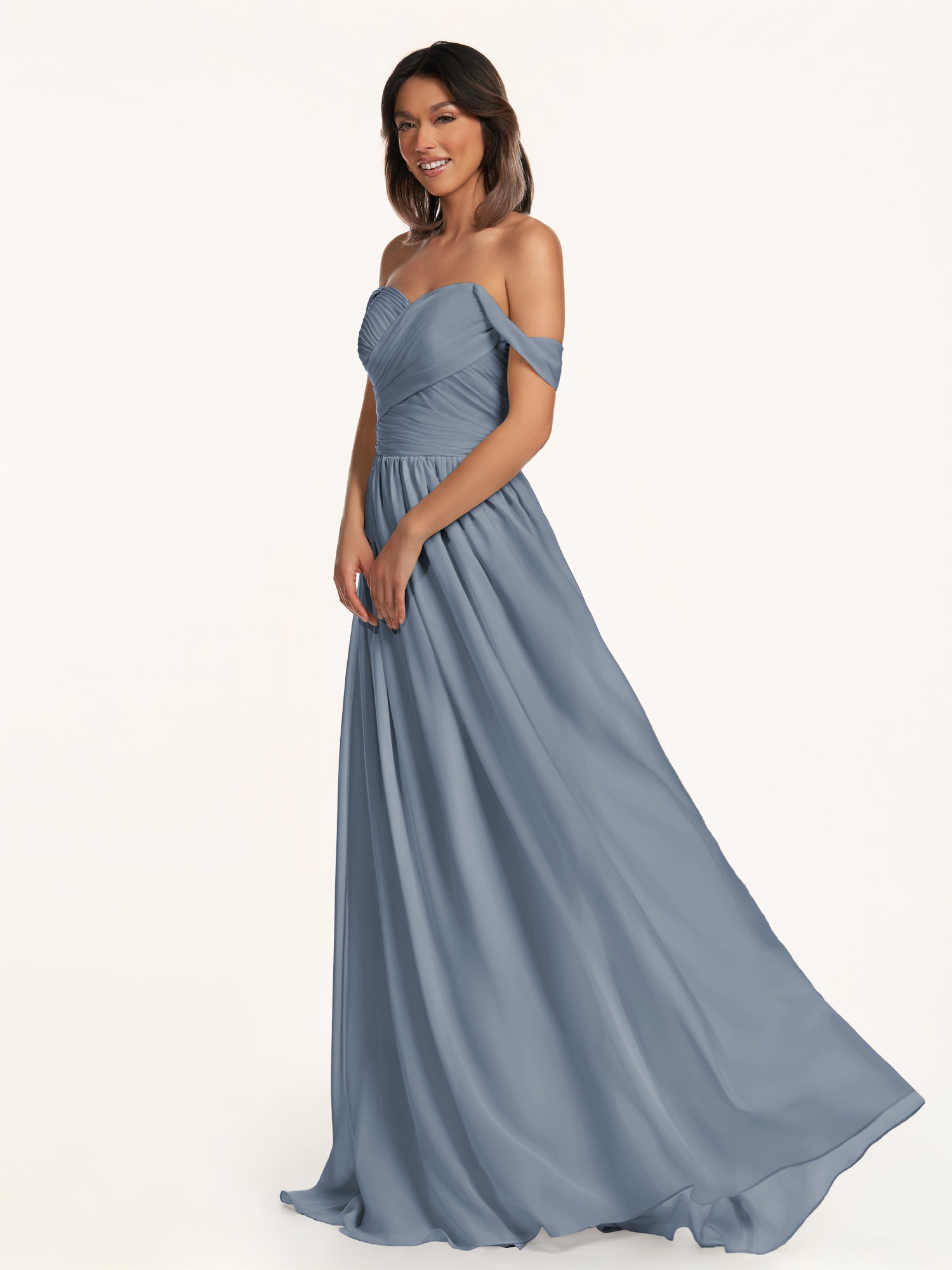 KissDress-Lia Neptune A Line Chiffon Off the Shoulder Long Bridesmaid Dress with Pleats