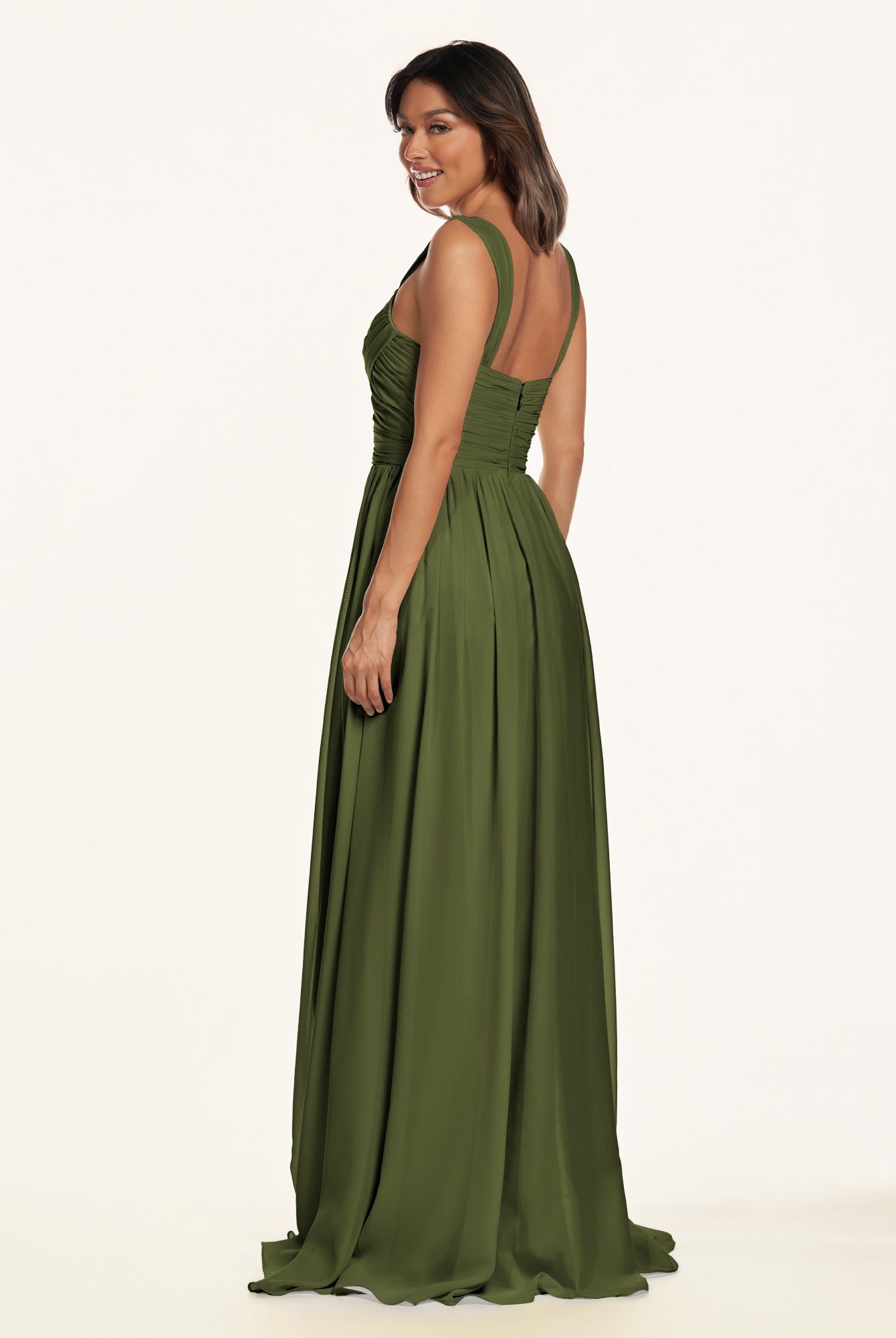 KissDress-Lia Olive A Line Chiffon Off the Shoulder Long Bridesmaid Dress with Pleats