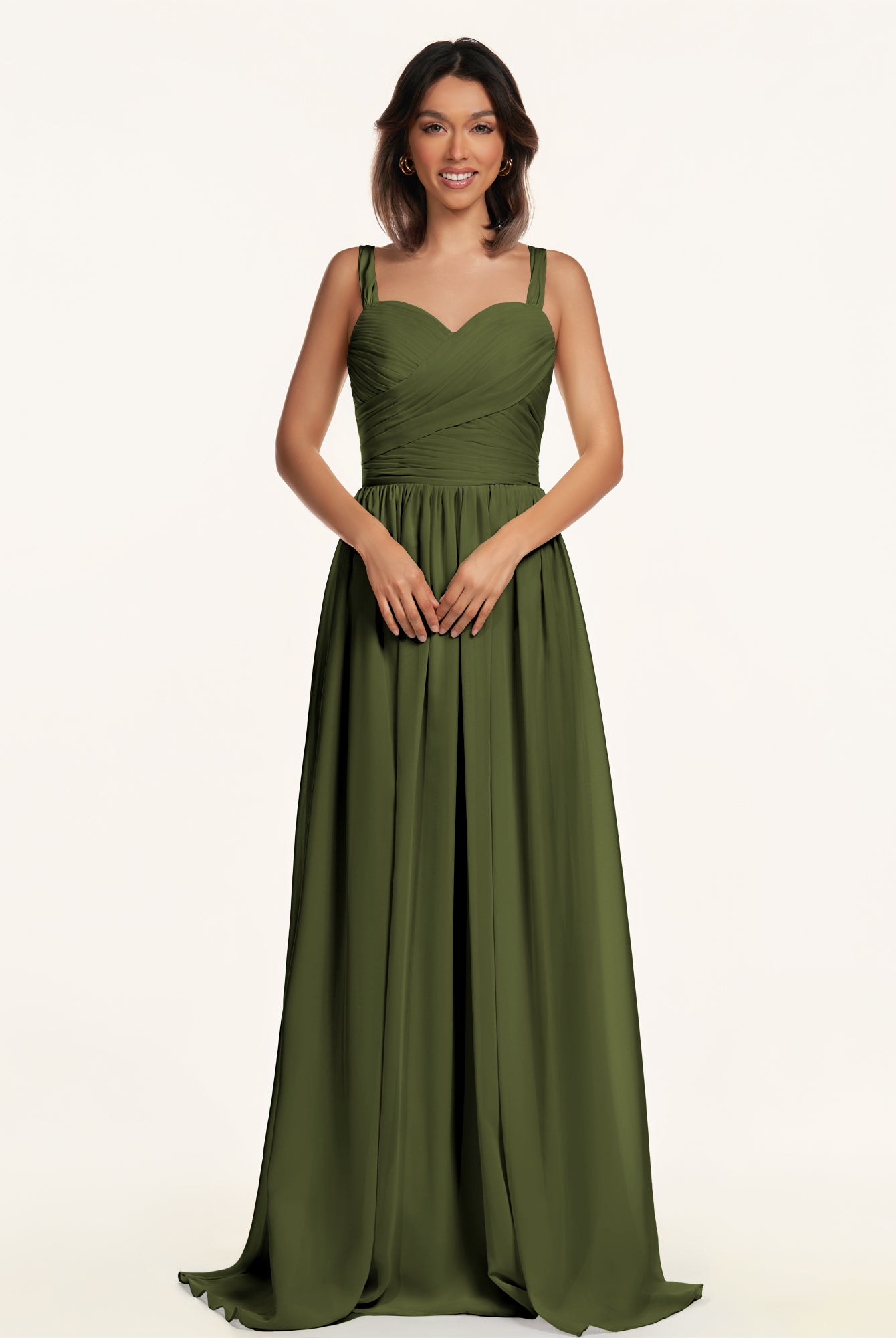 KissDress-Lia Olive A Line Chiffon Off the Shoulder Long Bridesmaid Dress with Pleats