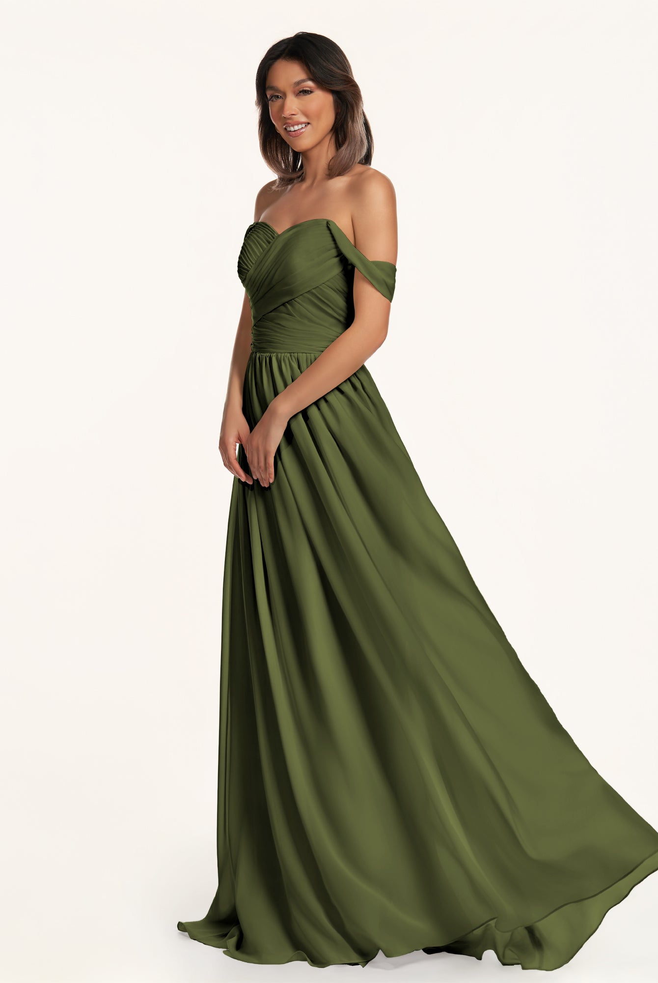 KissDress-Lia Olive A Line Chiffon Off the Shoulder Long Bridesmaid Dress with Pleats