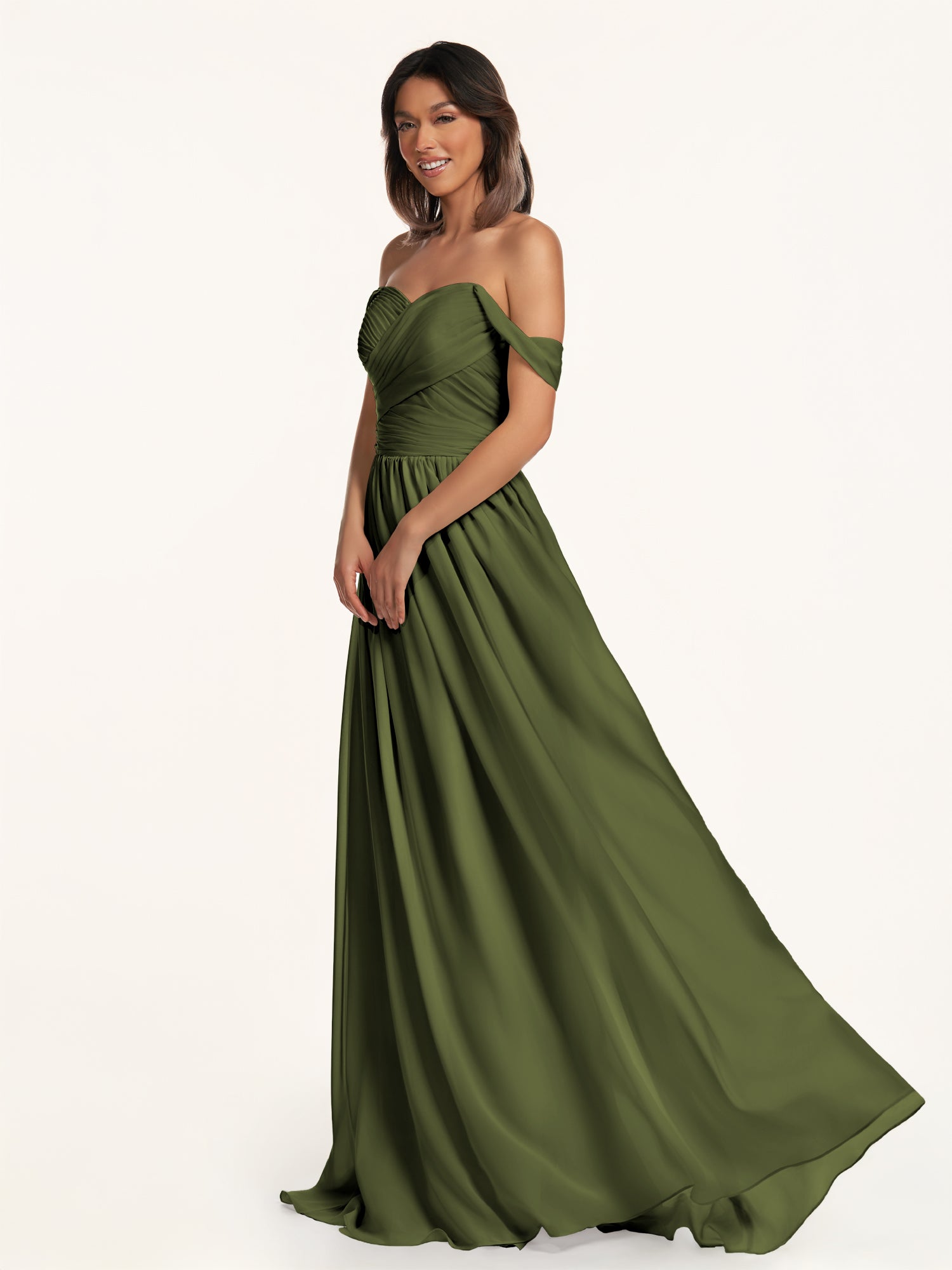 KissDress-Lia Olive A Line Chiffon Off the Shoulder Long Bridesmaid Dress with Pleats
