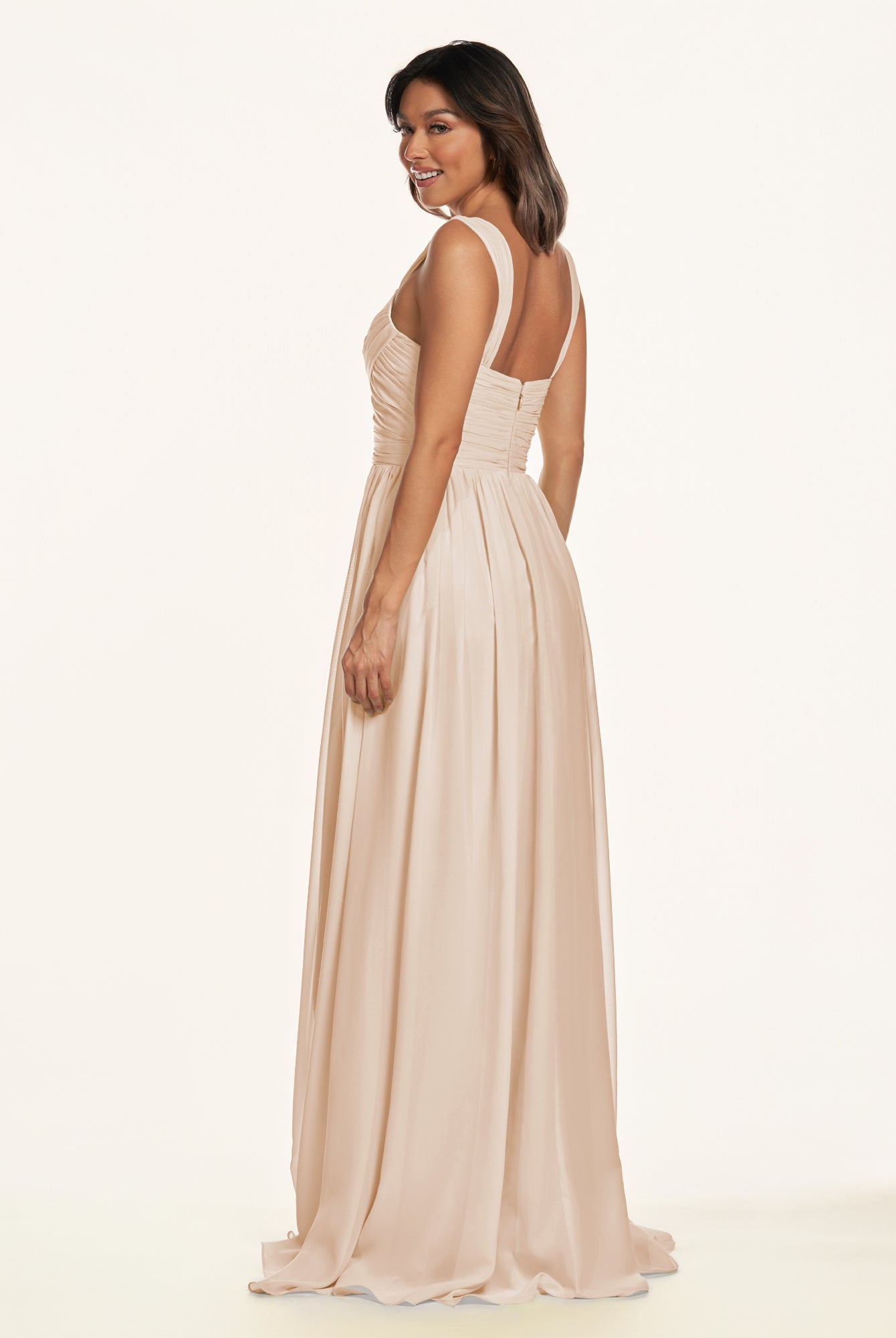 KissDress-Lia Pale Blush A Line Chiffon Off the Shoulder Long Bridesmaid Dress with Pleats