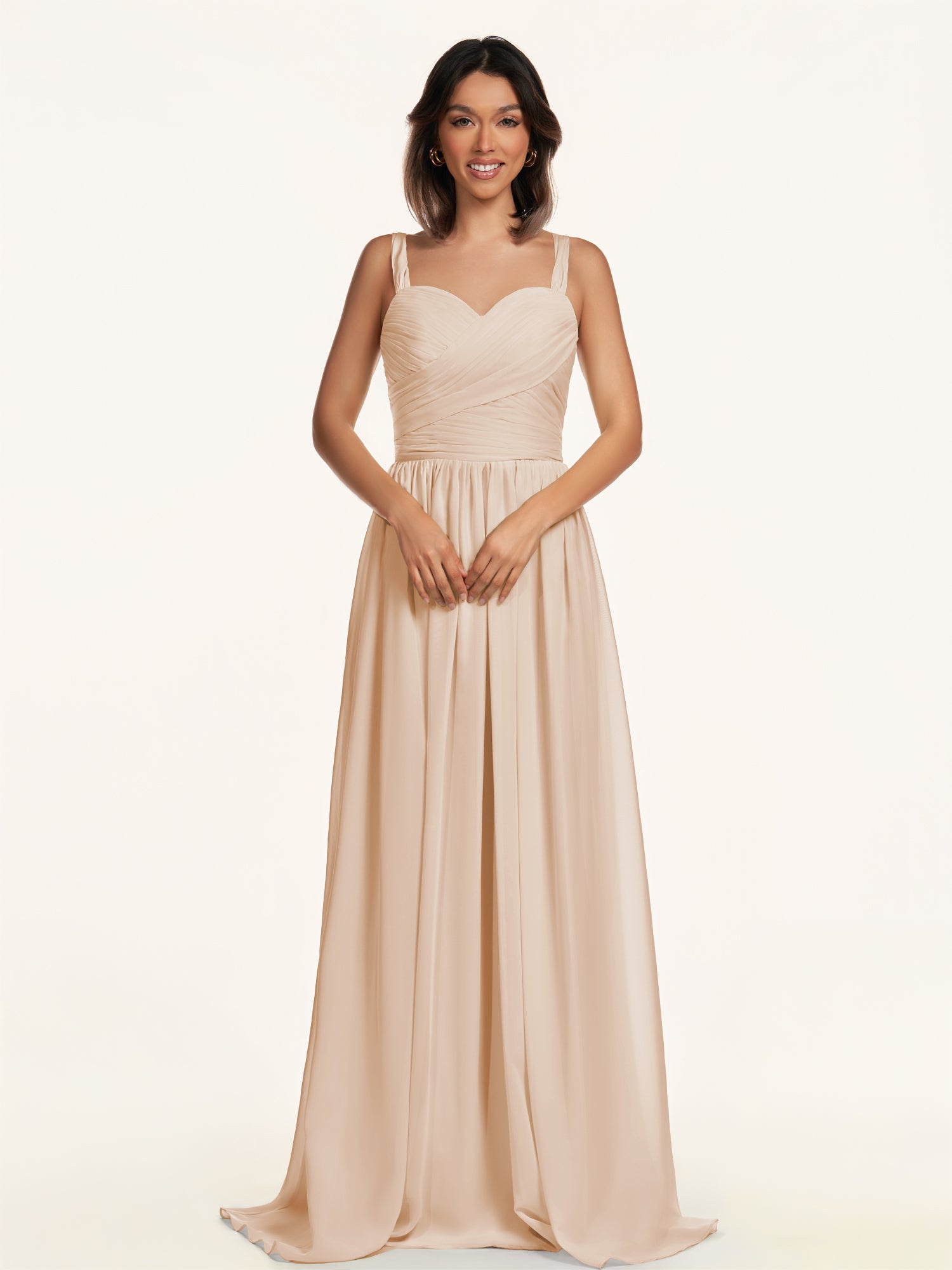 KissDress-Lia Pale Blush A Line Chiffon Off the Shoulder Long Bridesmaid Dress with Pleats