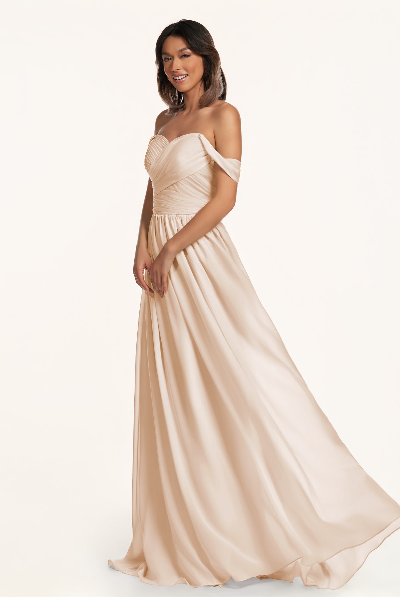 KissDress-Lia Pale Blush A Line Chiffon Off the Shoulder Long Bridesmaid Dress with Pleats