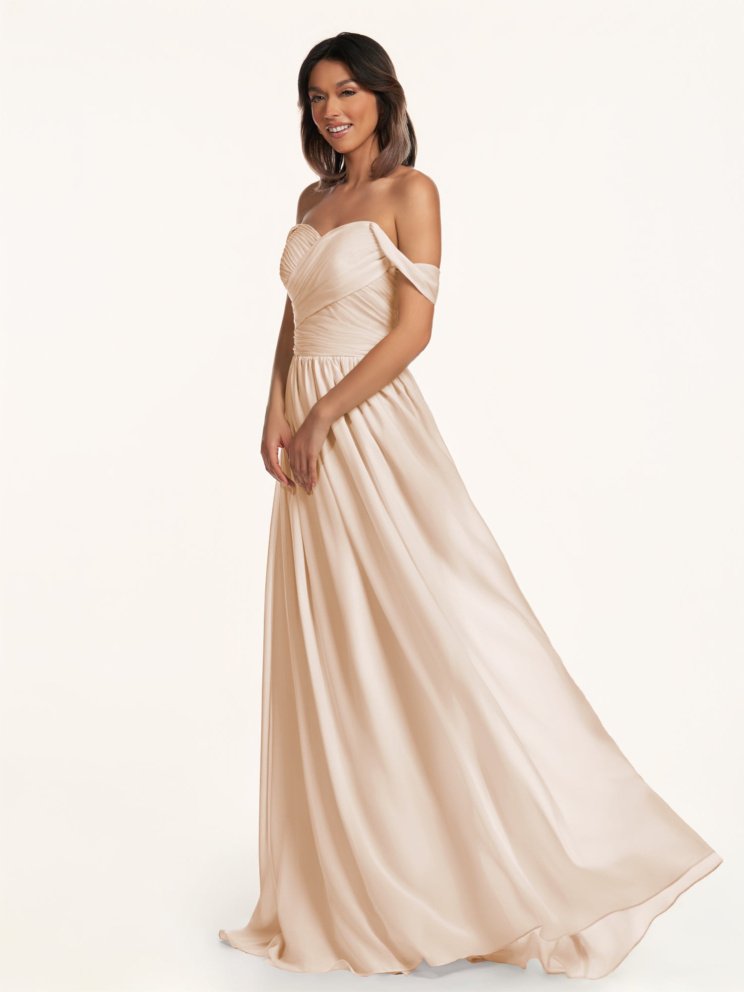 KissDress-Lia Pale Blush A Line Chiffon Off the Shoulder Long Bridesmaid Dress with Pleats