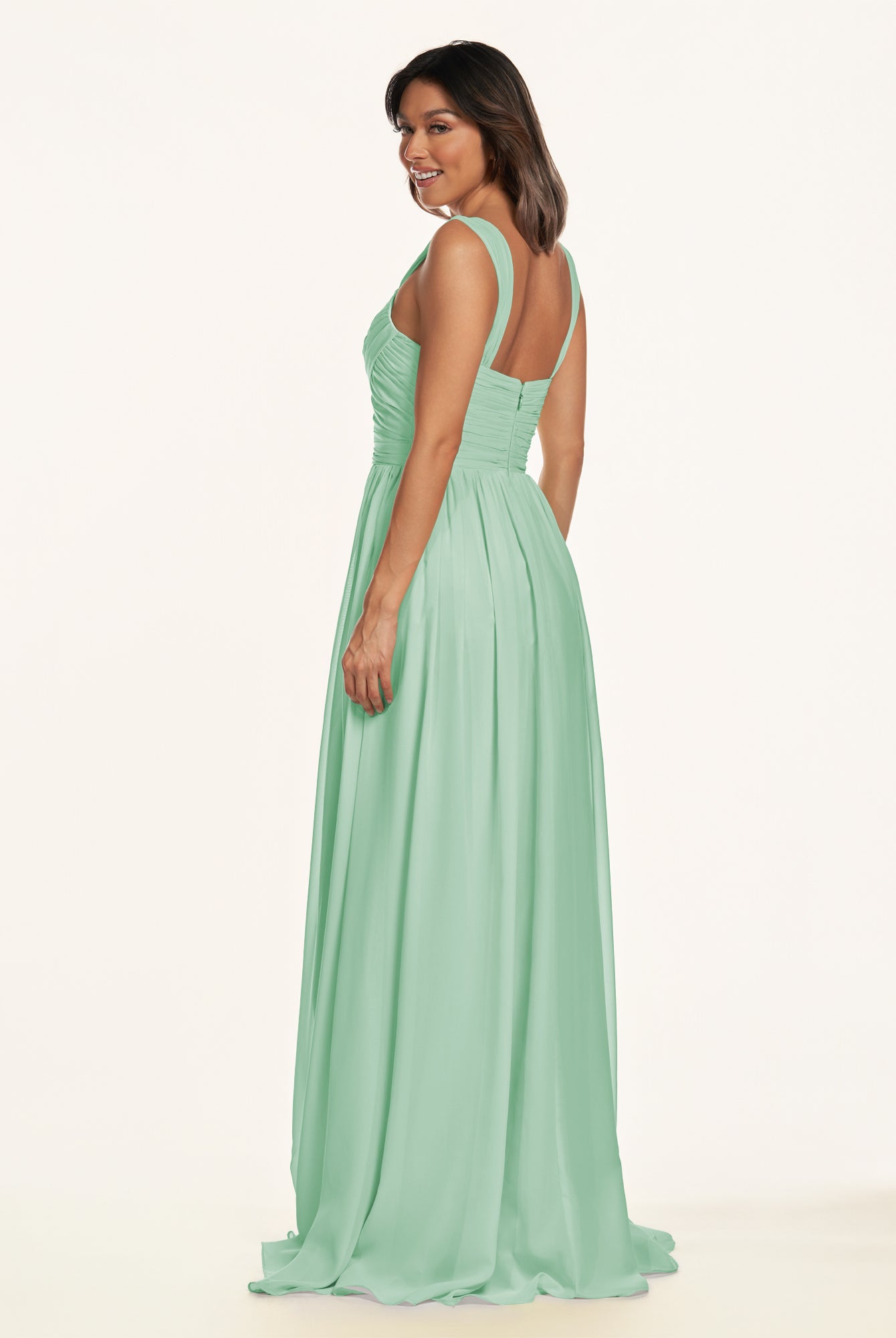 KissDress-Lia Pale Pistachio A Line Chiffon Off the Shoulder Long Bridesmaid Dress with Pleats