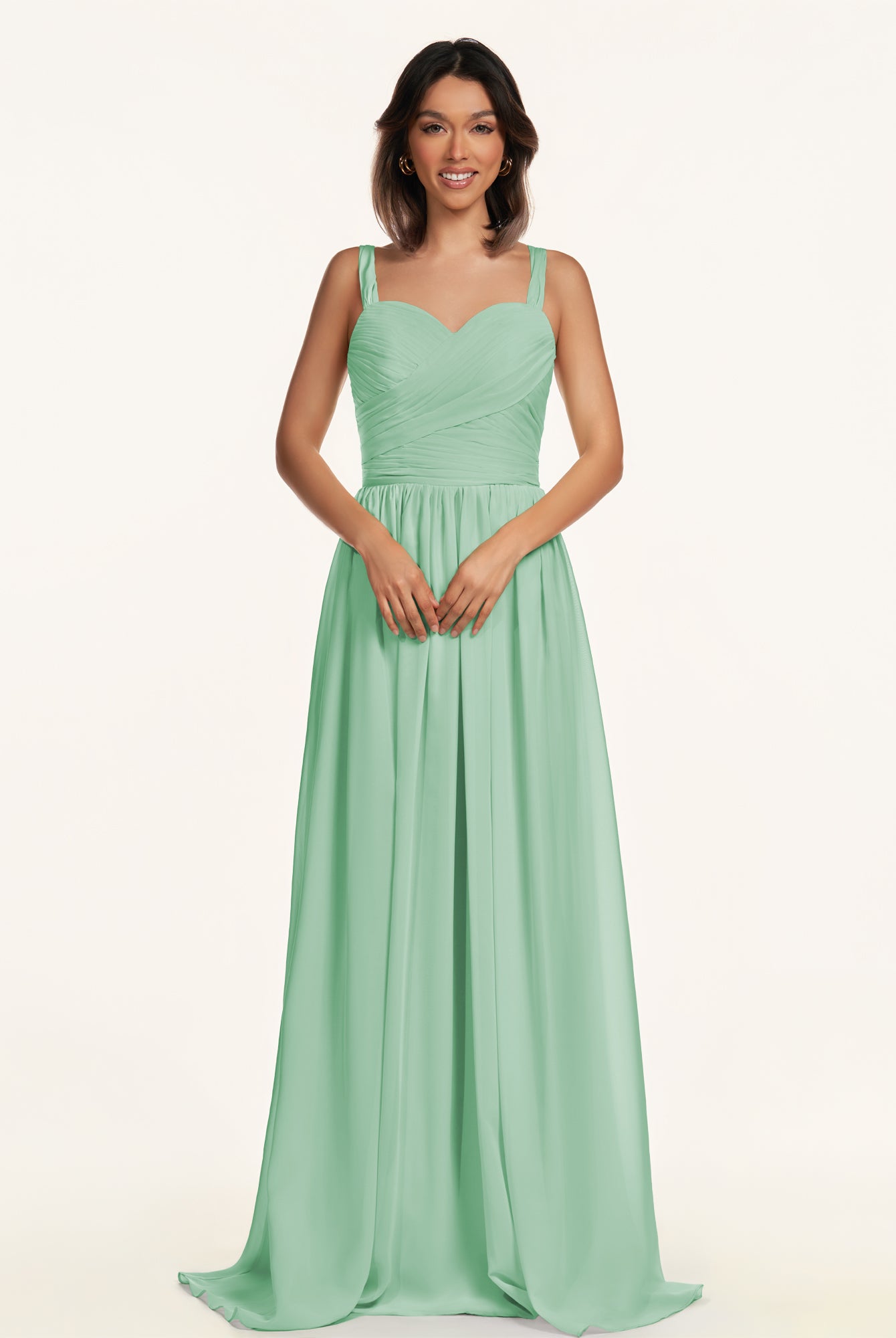KissDress-Lia Pale Pistachio A Line Chiffon Off the Shoulder Long Bridesmaid Dress with Pleats