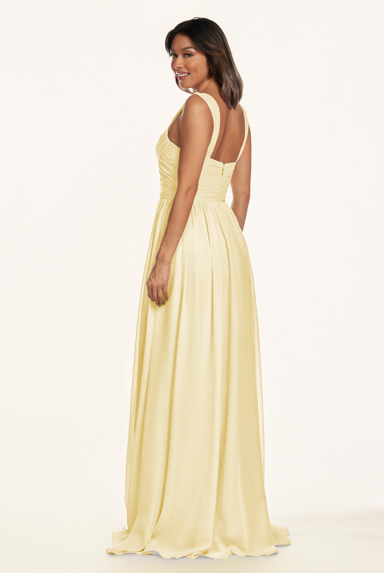 KissDress-Lia Pastel Yellow A Line Chiffon Off the Shoulder Long Bridesmaid Dress with Pleats