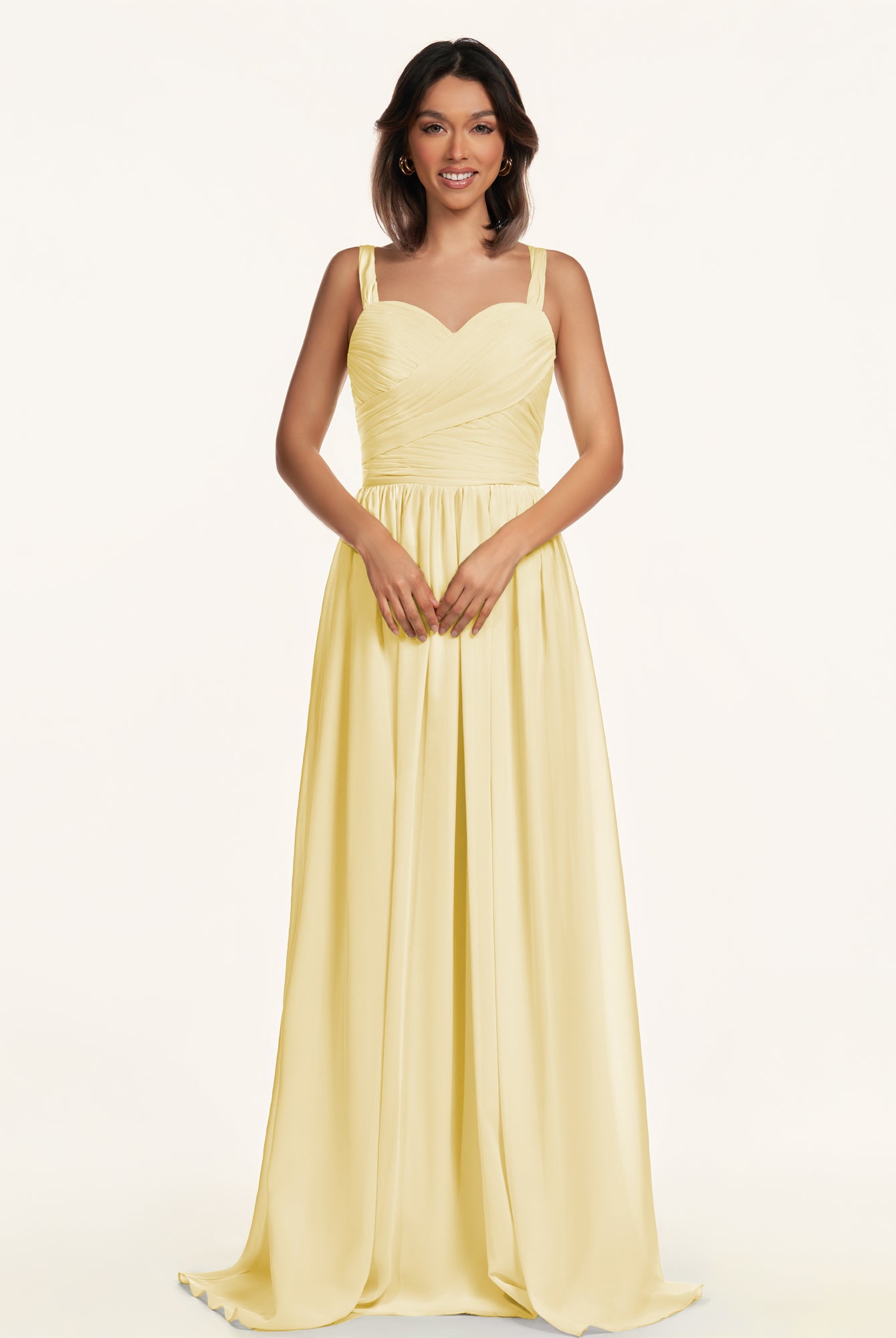 KissDress-Lia Pastel Yellow A Line Chiffon Off the Shoulder Long Bridesmaid Dress with Pleats