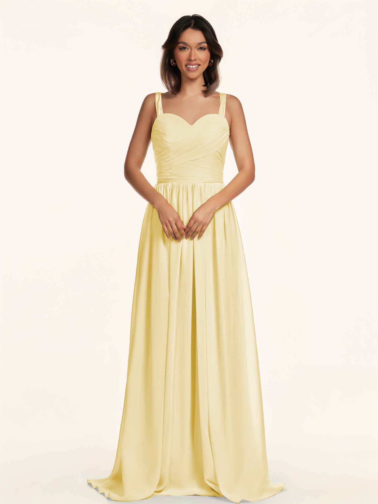 KissDress-Lia Pastel Yellow A Line Chiffon Off the Shoulder Long Bridesmaid Dress with Pleats