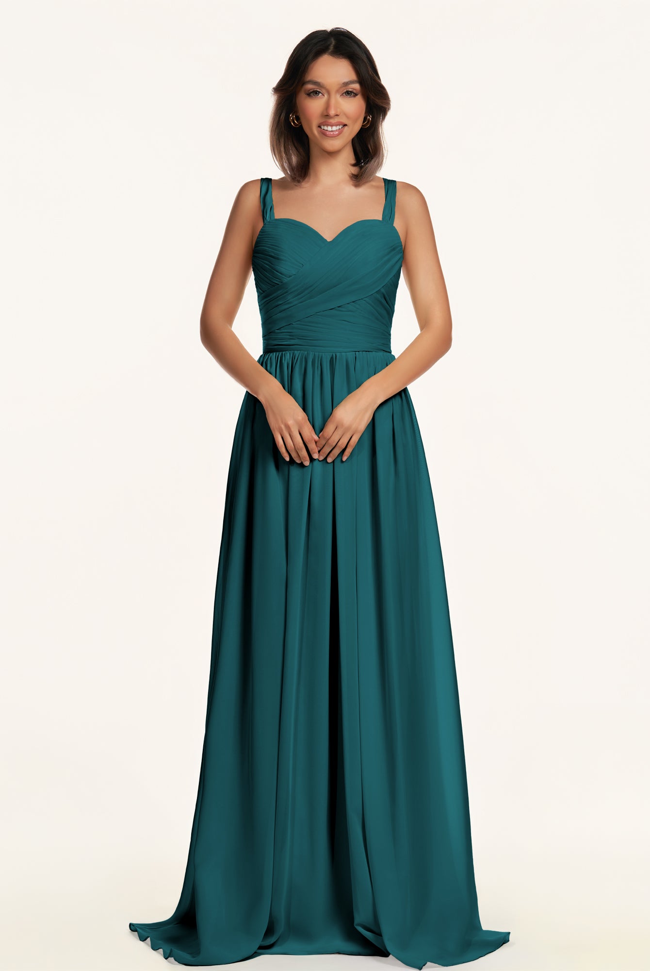 KissDress-Lia Pine A Line Chiffon Off the Shoulder Long Bridesmaid Dress with Pleats