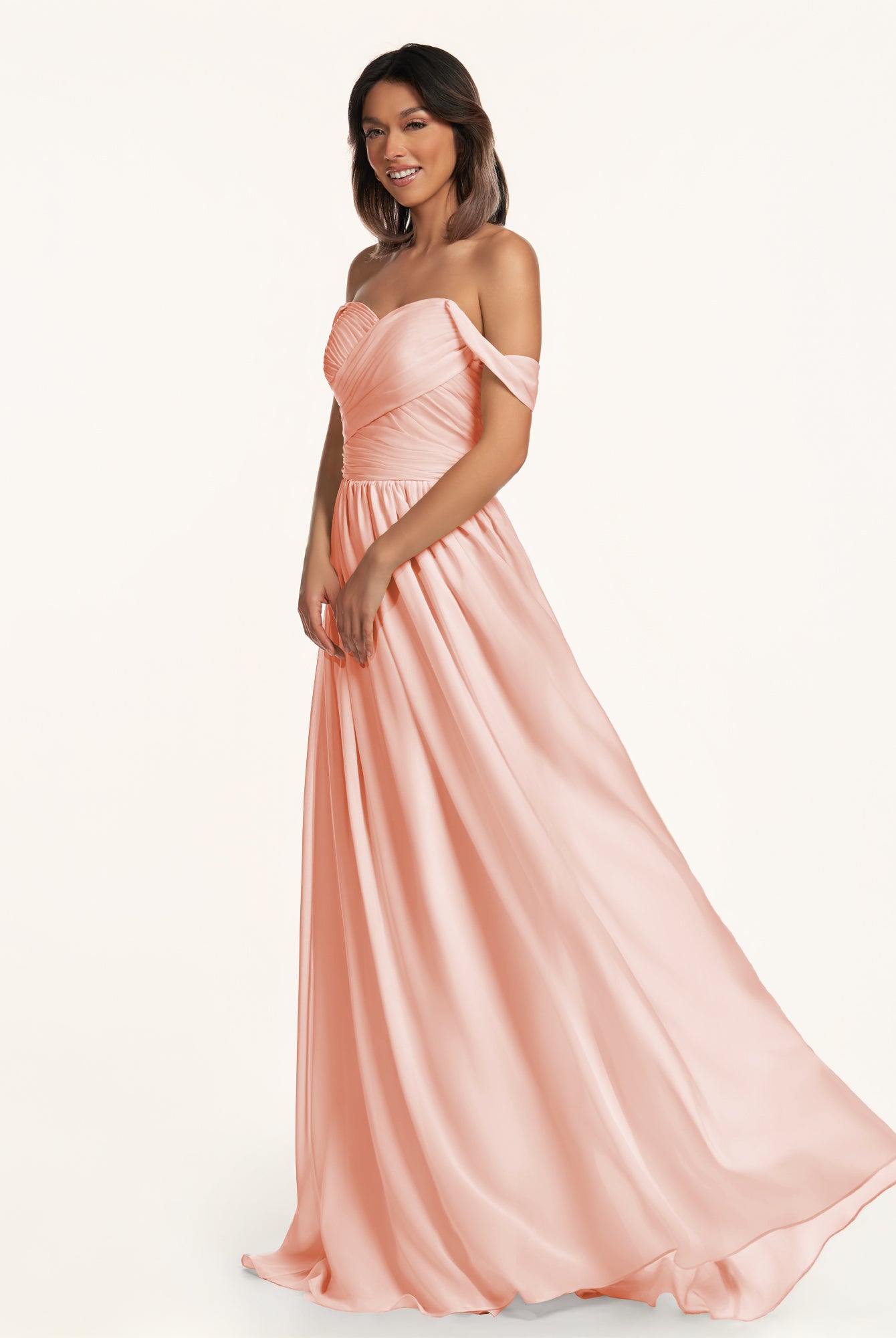 KissDress-Lia Rose Petal A Line Chiffon Off the Shoulder Long Bridesmaid Dress with Pleats